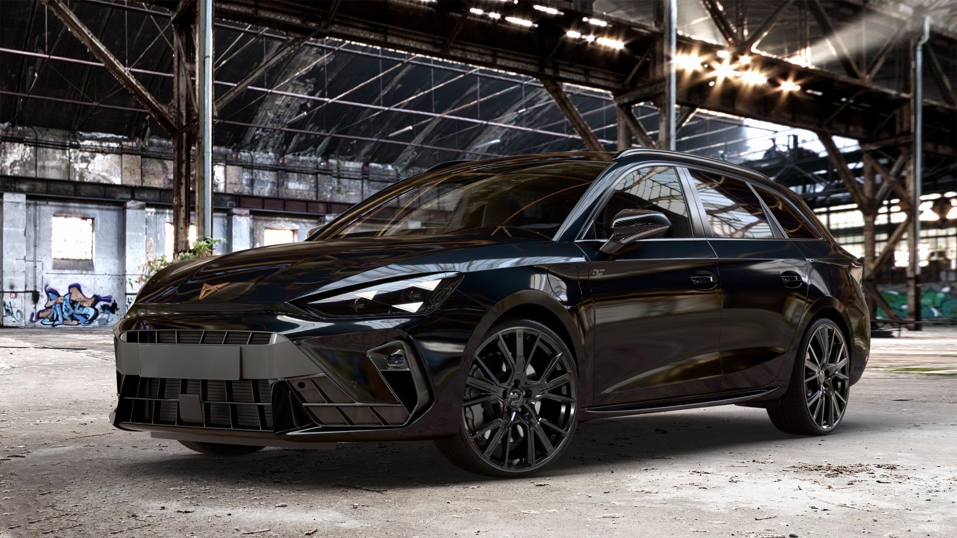 2DRV WH34 Schwarz glänzend lackiert Felge mit Reifen in 20Zoll Winterfelge Alufelge auf metallic schwarzem Cupra Leon Typ KL ST Facelift ⬇️ mit 15mm Tieferlegung ⬇️ Old Industrial Hall_max_4400mm_2024 Frontansicht_1