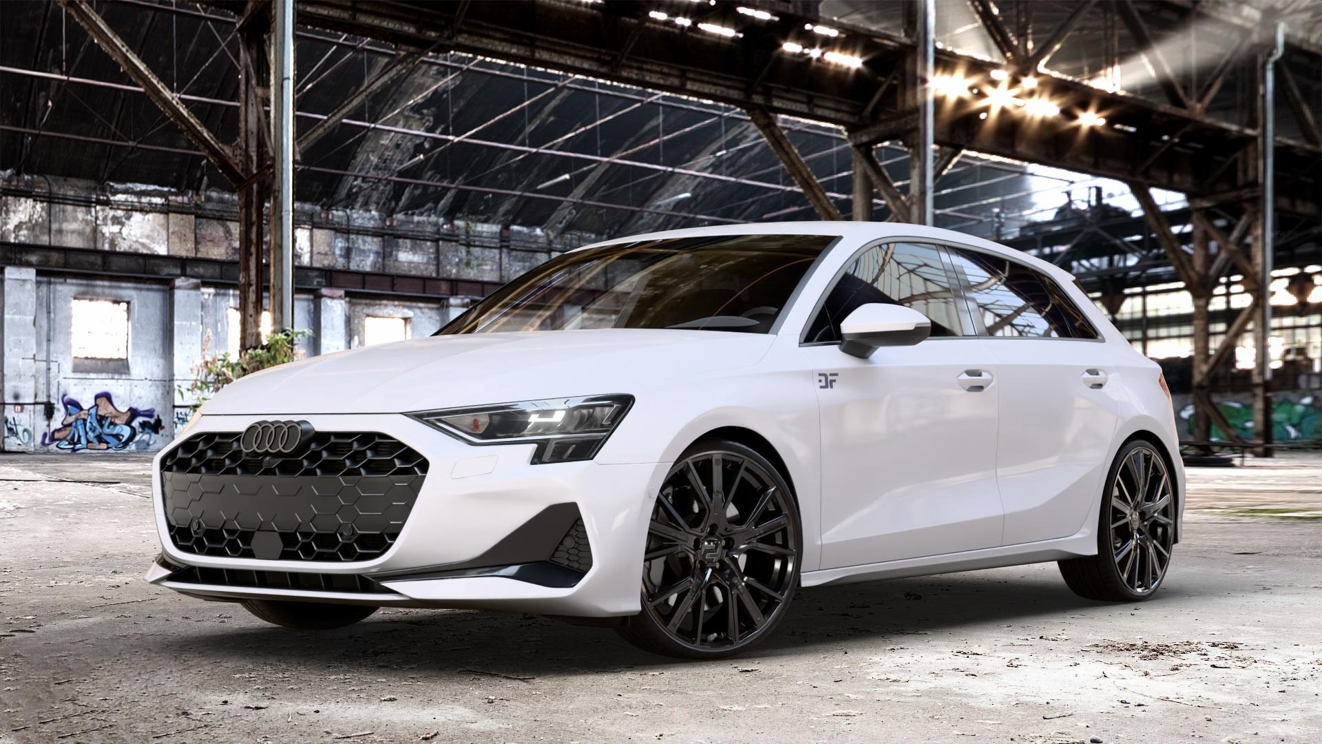 2DRV WH34 Schwarz glänzend lackiert Felge mit Reifen in 20Zoll Winterfelge Alufelge auf weissem Audi A3 Typ GY (Sportback) Facelift 2,0l 30 TDI 85kW (116 PS) 1,5l TFSI Mild-Hybrid 35 110kW (150 PHEV 200 130kW Hybrid (177 150 ⬇️ mit 15mm Tieferlegung ⬇️ Old Industrial Hall_max_4400mm_2024 Frontansicht_1