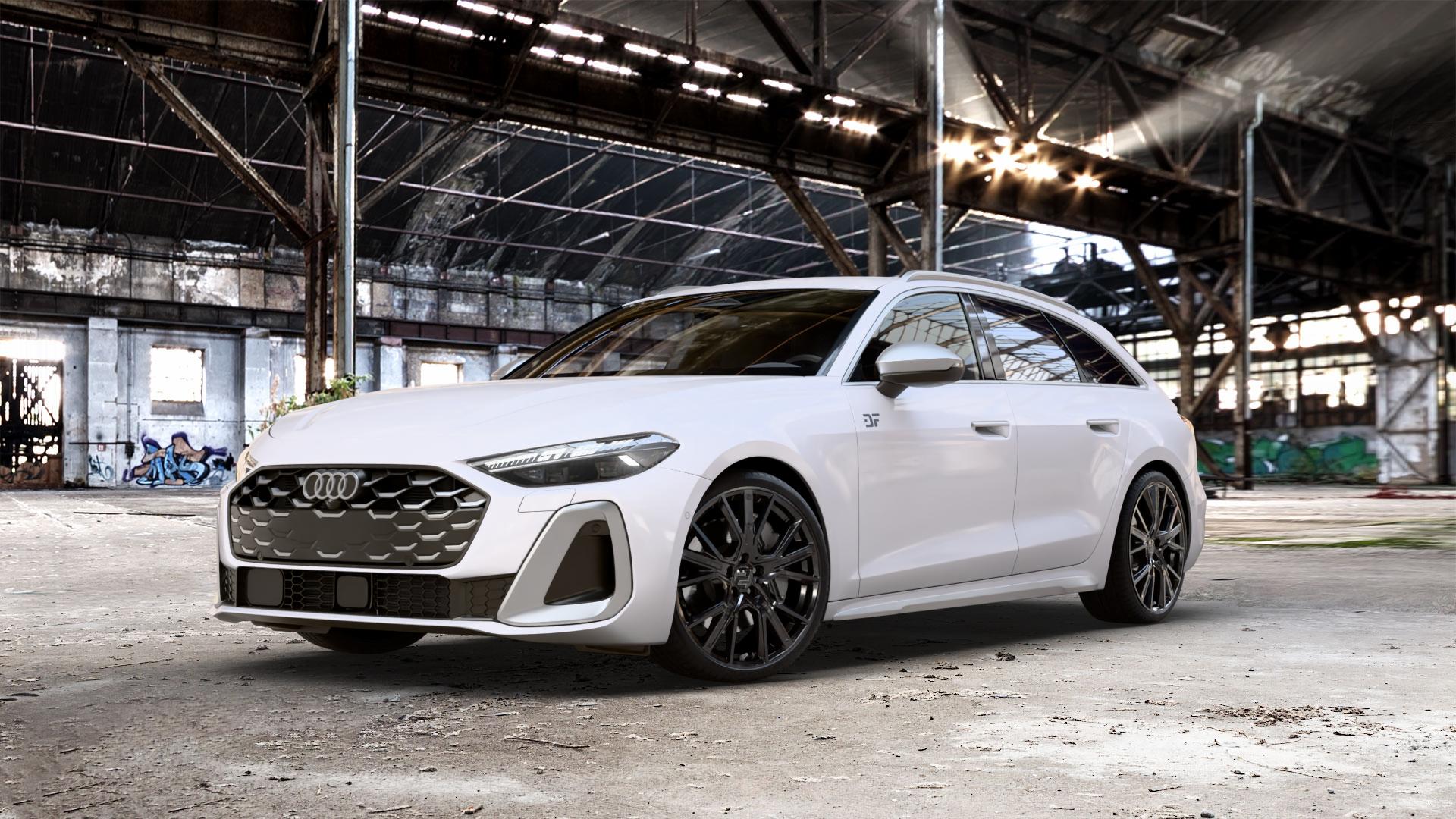 2DRV WH34 Schwarz glänzend lackiert Felge mit Reifen in 20Zoll Winterfelge Alufelge auf weissem Audi A5 Typ B10 (Avant) 3,0l S5 270kW Mild-Hybrid (367 PS) ⬇️ mit 15mm Tieferlegung ⬇️ Old Industrial Hall_max_5300mm_2024 Frontansicht_1