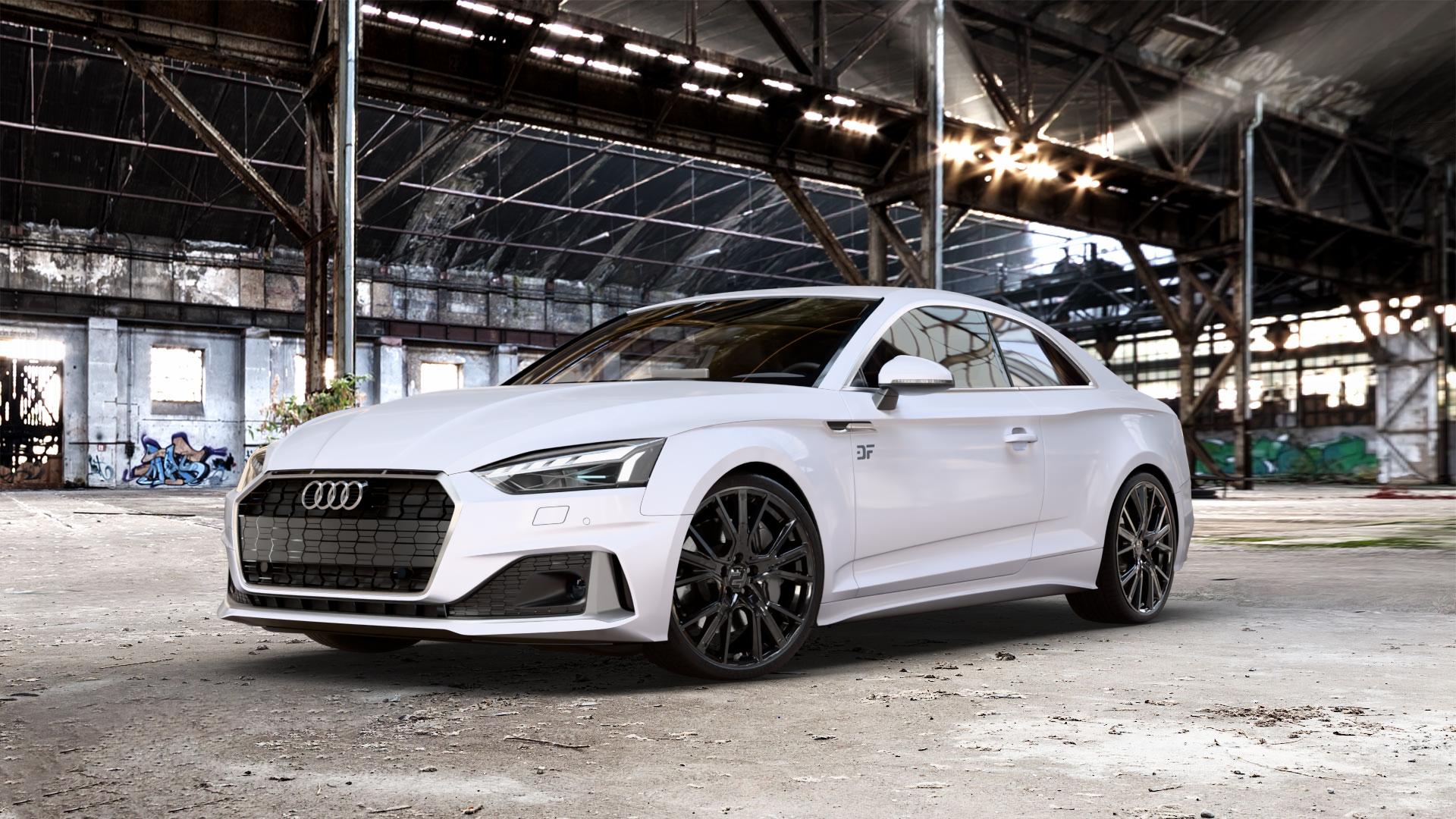 2DRV WH34 Schwarz glänzend lackiert Felge mit Reifen in 20Zoll Winterfelge Alufelge auf weißem Audi A5 Typ B9 (Coupé) Facelift ⬇️ mit 15mm Tieferlegung ⬇️ Old Industrial Hall_max_5300mm_2024 Frontansicht_1