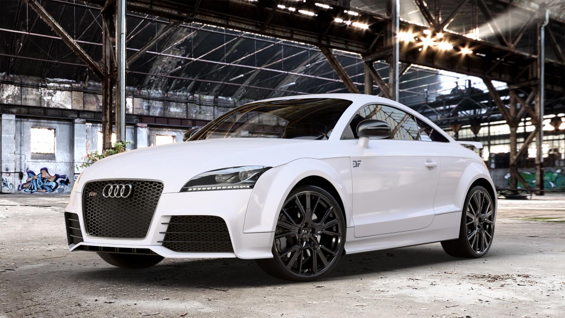 2DRV WH34 Schwarz glänzend lackiert Felge mit Reifen in 20Zoll Winterfelge Alufelge auf weissem Audi TT II Typ 8J (Coupé) 2,5l RS quattro 250kW (340 PS) 265kW (360 ⬇️ mit 15mm Tieferlegung ⬇️ Old Industrial Hall_max_4400mm_2024 Frontansicht_1