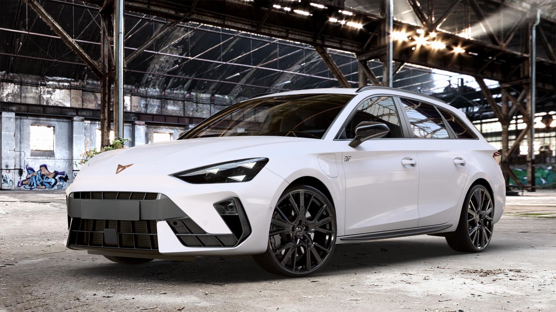 2DRV WH34 Schwarz glänzend lackiert Felge mit Reifen in 20Zoll Winterfelge Alufelge auf weissem Cupra Leon Typ KL ST Facelift ⬇️ mit 15mm Tieferlegung ⬇️ Old Industrial Hall_max_4400mm_2024 Frontansicht_1