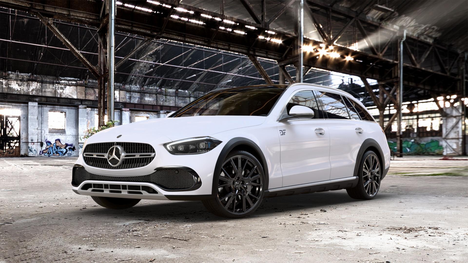 2DRV WH34 Schwarz glänzend lackiert Felge mit Reifen in 20Zoll Winterfelge Alufelge auf weissem Mercedes C-Klasse Typ S206 All-Terrain 1,5l C 200 4Matic 150kW Mild-Hybrid (204 PS) 2,0l 220d 145kW (197 ⬇️ mit 15mm Tieferlegung ⬇️ Old Industrial Hall_max_5300mm_2024 Frontansicht_1