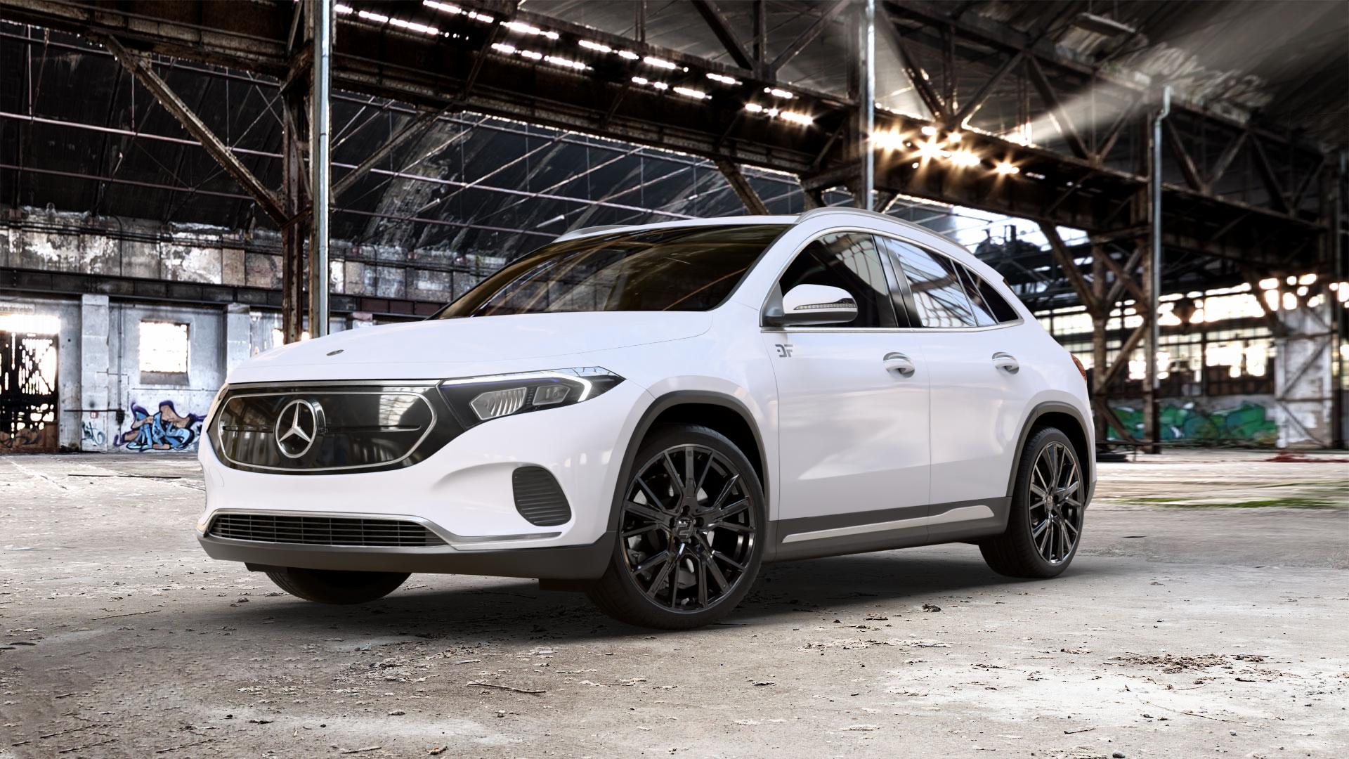 2DRV WH34 Schwarz glänzend lackiert Felge mit Reifen in 20Zoll Winterfelge Alufelge auf weissem Mercedes EQA Typ F2B Facelift 0,0l 300 4Matic 130kW (177 PS) 350 ⬇️ mit 15mm Tieferlegung ⬇️ Old Industrial Hall_max_5300mm_2024 Frontansicht_1