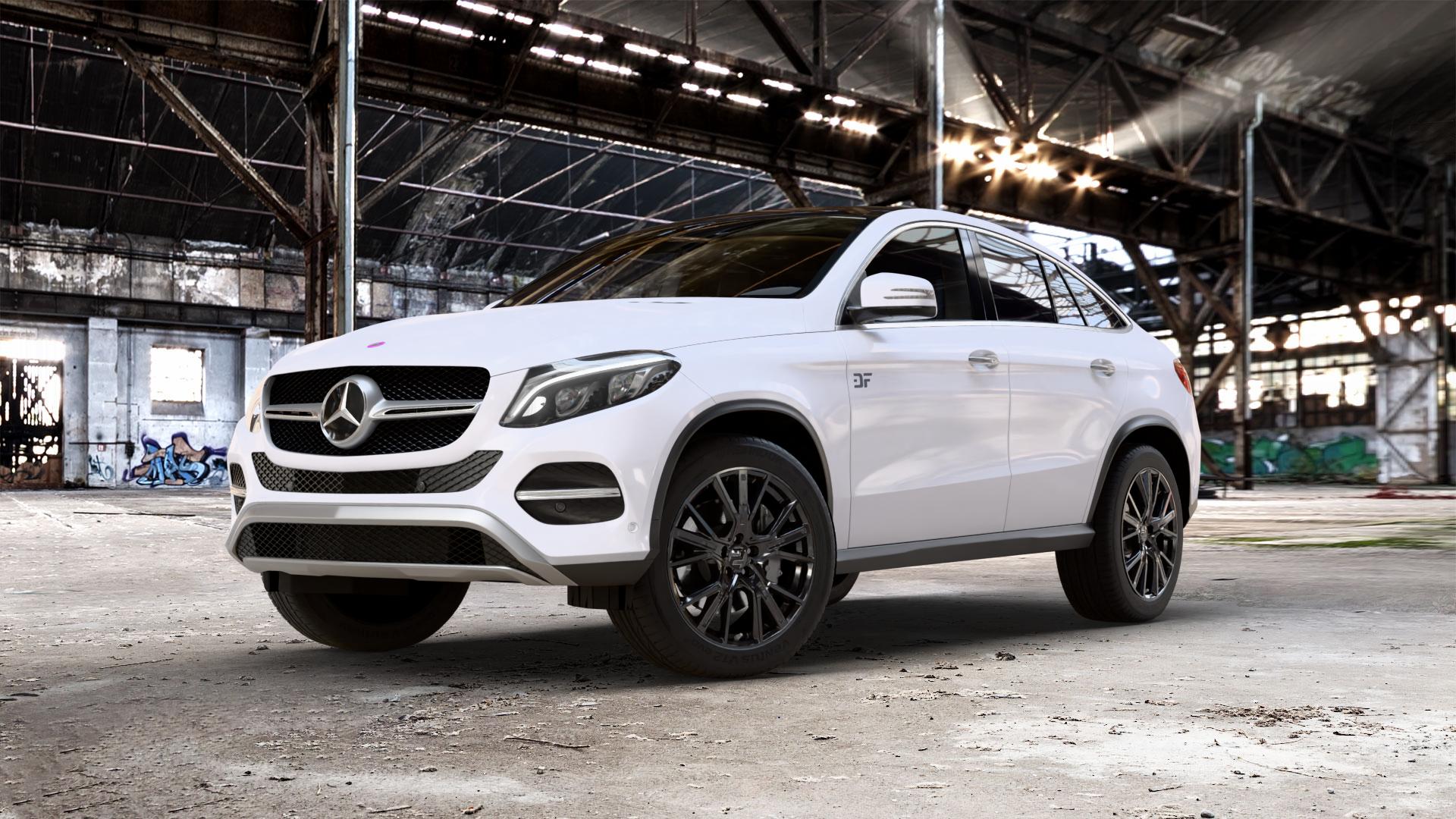 2DRV WH34 Schwarz glänzend lackiert Felge mit Reifen in 20Zoll Winterfelge Alufelge auf weissem Mercedes GLE-Klasse Coupe Typ x166 ⬇️ mit 15mm Tieferlegung ⬇️ Old Industrial Hall_max_5300mm_2024 Frontansicht_1