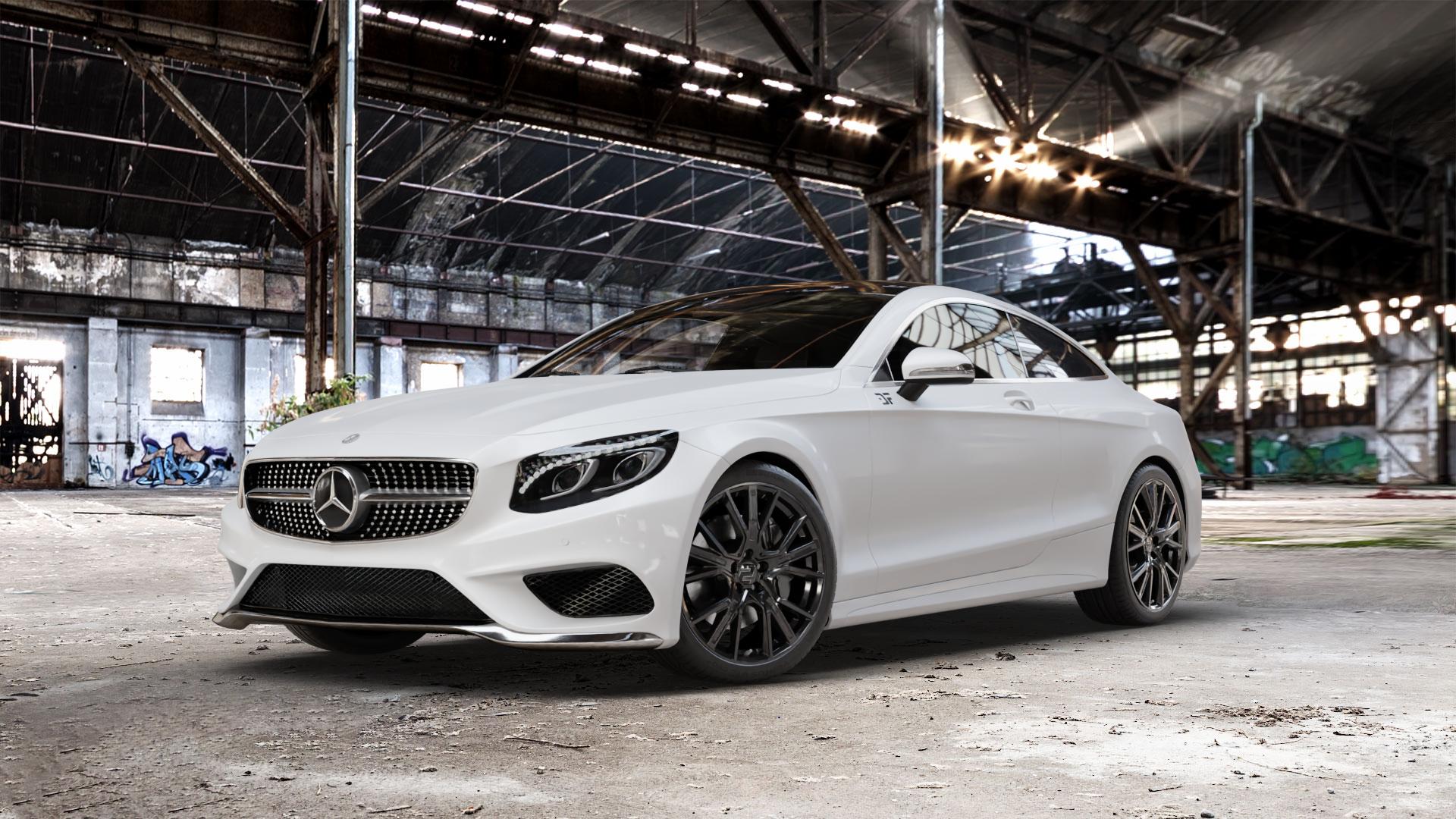 2DRV WH34 Schwarz glänzend lackiert Felge mit Reifen in 20Zoll Winterfelge Alufelge auf weissem Mercedes S-Klasse Typ C217 Facelift Coupe ⬇️ mit 15mm Tieferlegung ⬇️ Old Industrial Hall_max_5300mm_2024 Frontansicht_1