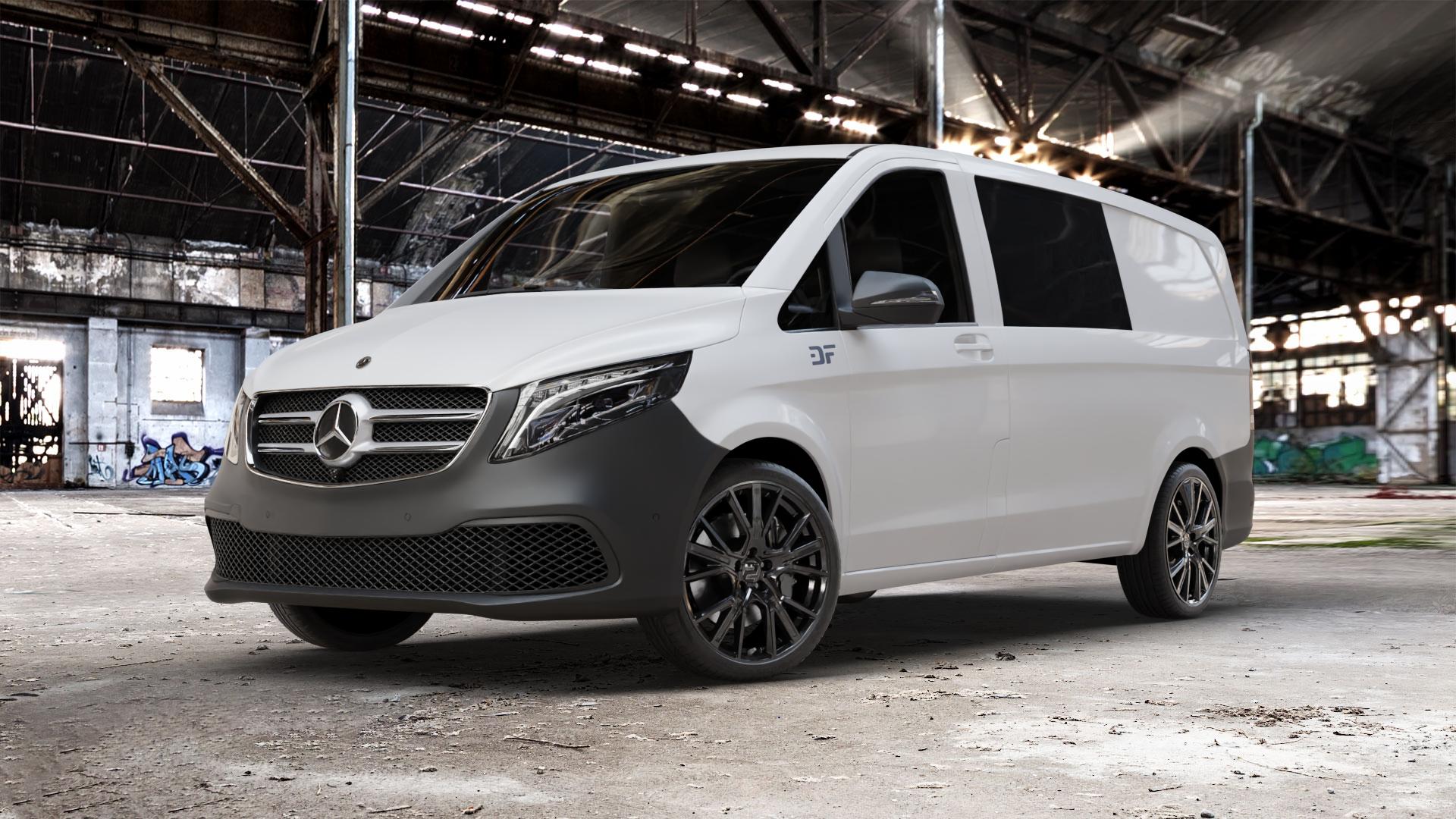 2DRV WH34 Schwarz glänzend lackiert Felge mit Reifen in 20Zoll Winterfelge Alufelge auf weissem Mercedes Vito Mixto Typ W447 Facelift ⬇️ mit 15mm Tieferlegung ⬇️ Old Industrial Hall_max_5300mm_2024 Frontansicht_1