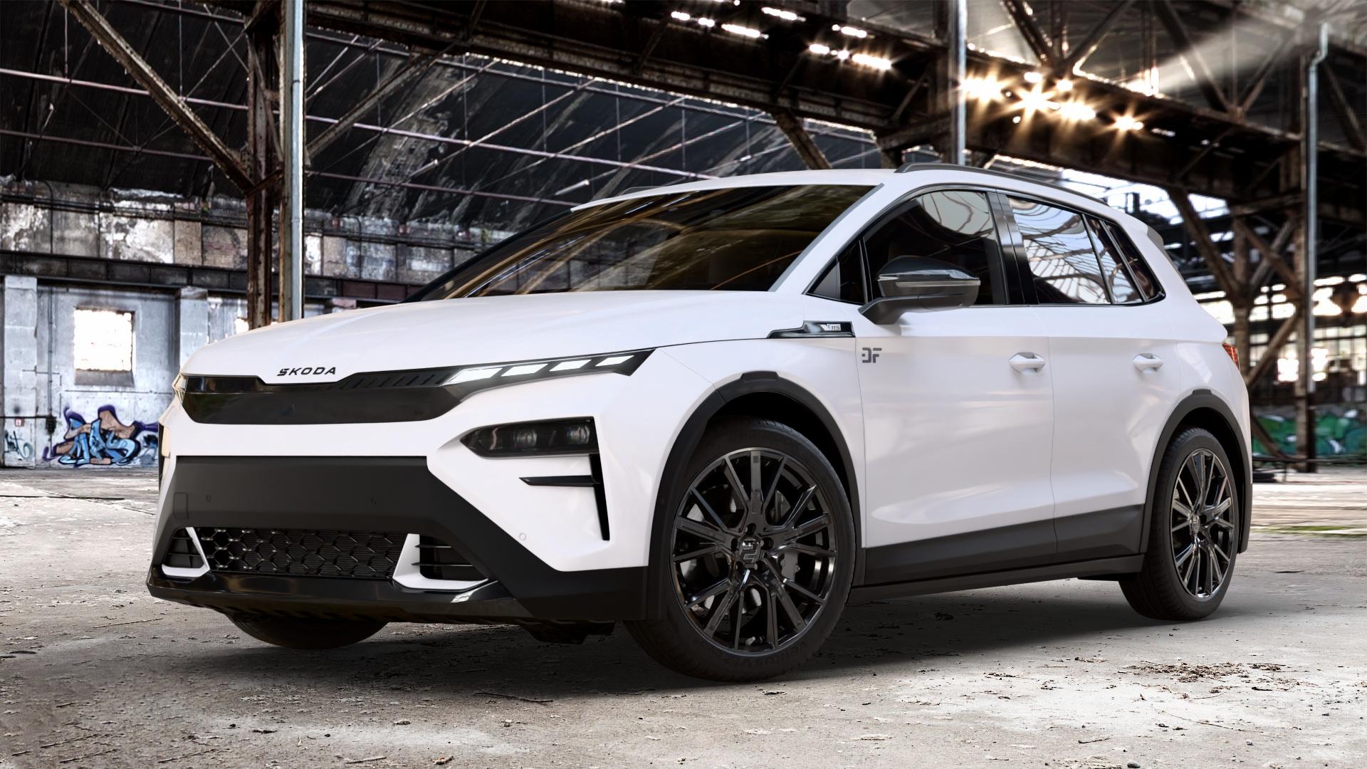 2DRV WH34 Schwarz glänzend lackiert Felge mit Reifen in 20Zoll Winterfelge Alufelge auf weissem Skoda Elroq Typ NY 0,0l 77kW RS (105 PS) ⬇️ mit 15mm Tieferlegung ⬇️ Old Industrial Hall_max_4400mm_2024 Frontansicht_1
