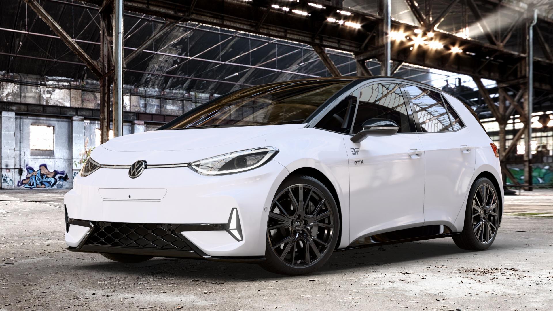 2DRV WH34 Schwarz glänzend lackiert Felge mit Reifen in 20Zoll Winterfelge Alufelge auf weissem Volkswagen (VW) ID.3 GTX 0,0l 89kW (210 KW) (121 PS) Performance (240 ⬇️ mit 15mm Tieferlegung ⬇️ Old Industrial Hall_max_4400mm_2024 Frontansicht_1