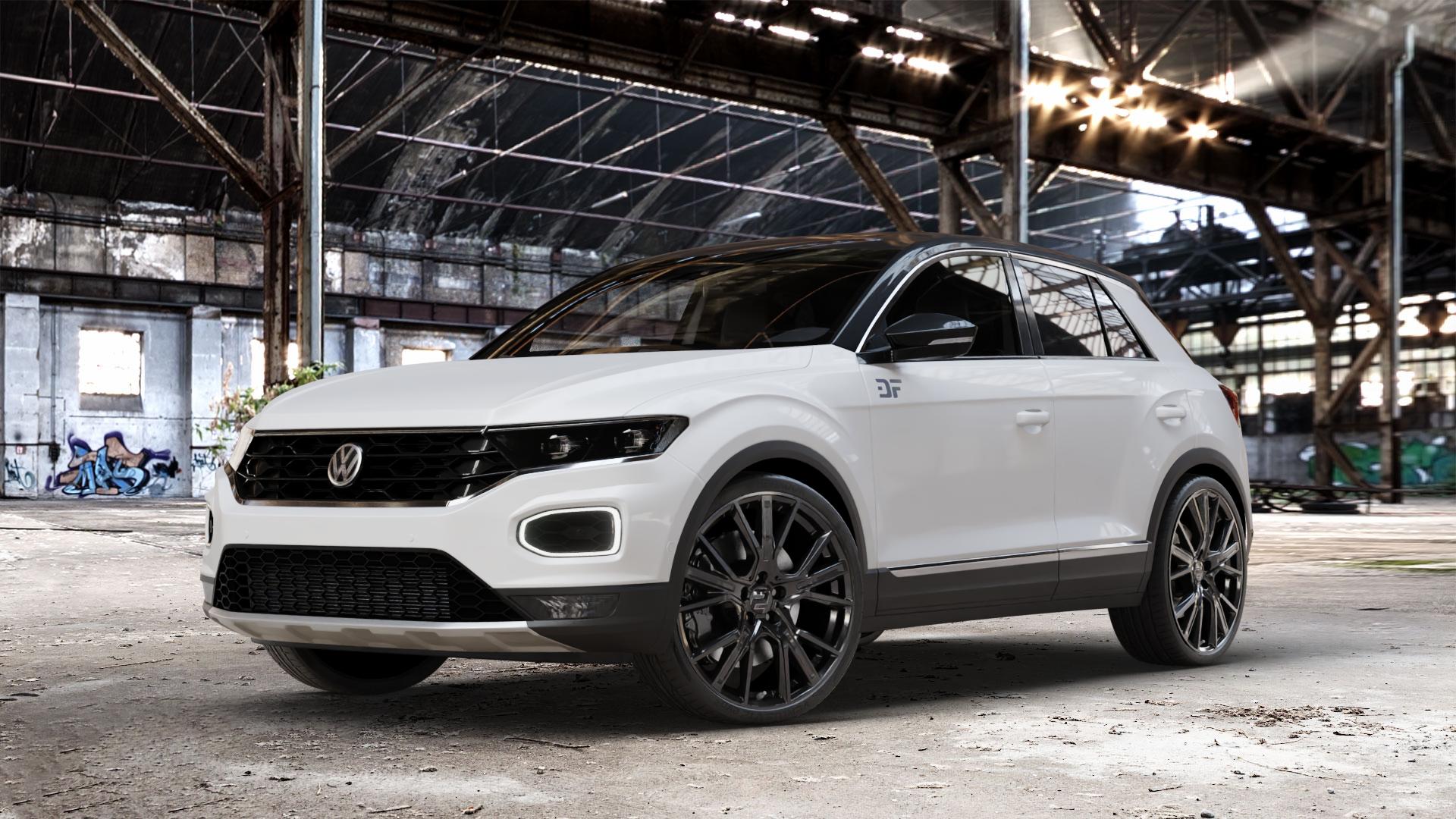 2DRV WH34 Schwarz glänzend lackiert Felge mit Reifen in 20Zoll Winterfelge Alufelge auf weissem Volkswagen (VW) T-Roc ⬇️ mit 15mm Tieferlegung ⬇️ Old Industrial Hall_max_4400mm_2024 Frontansicht_1
