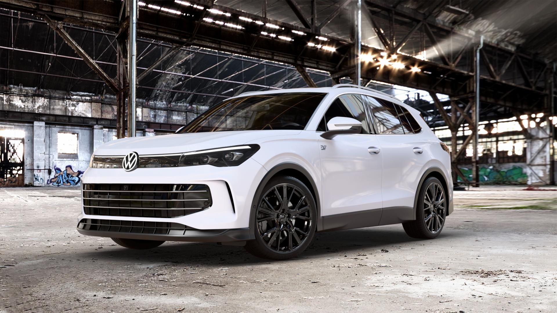 2DRV WH34 Schwarz glänzend lackiert Felge mit Reifen in 20Zoll Winterfelge Alufelge auf weissem Volkswagen (VW) Tiguan III Typ CT ⬇️ mit 15mm Tieferlegung ⬇️ Old Industrial Hall_max_5300mm_2024 Frontansicht_1