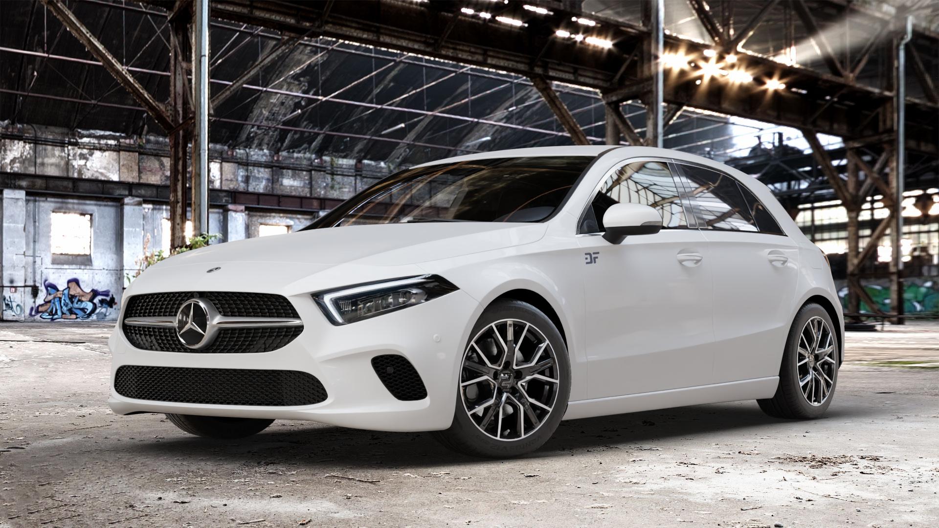 2DRV WH34 Schwarz Hochglanzpoliert Felge mit Reifen in 17Zoll Winterfelge Alufelge auf weissem Mercedes A-Klasse IV Typ 177 (F2A) Schrägheck 2,0l A 250 165kW (224 PS) 1,3l 200 120kW (163 1,5l 180d 85kW (116 160 80kW (109 180 100kW (136 220 140kW (190 4Mat ⬇️ mit 15mm Tieferlegung ⬇️ Old Industrial Hall_max_4400mm_2024 Frontansicht_1