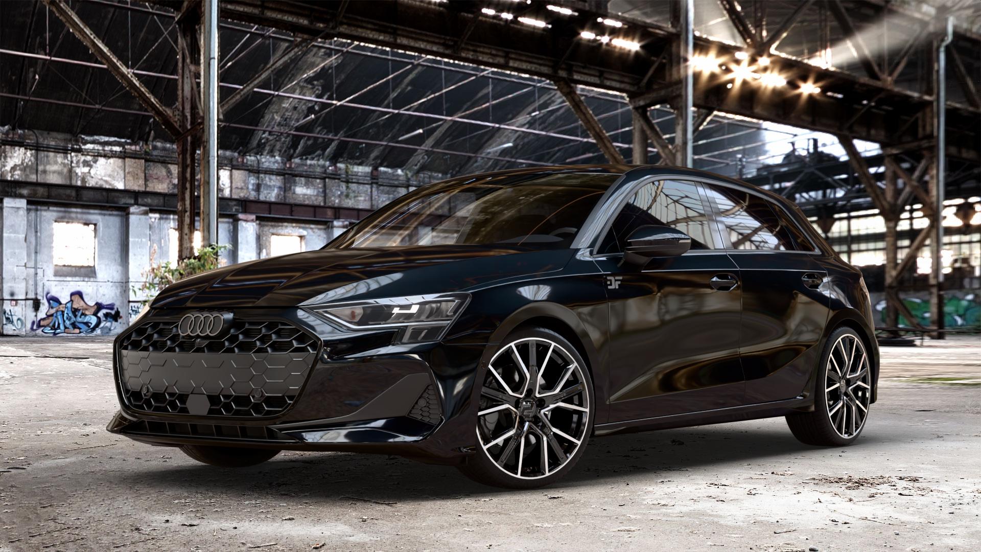 2DRV WH34 Schwarz Hochglanzpoliert Felge mit Reifen in 19Zoll Winterfelge Alufelge auf metallic schwarzem Audi A3 Typ GY (Sportback) Facelift 2,0l 30 TDI 85kW (116 PS) 1,5l TFSI Mild-Hybrid 35 110kW (150 PHEV 200 130kW Hybrid (177 150 ⬇️ mit 15mm Tieferlegung ⬇️ Old Industrial Hall_max_4400mm_2024 Frontansicht_1