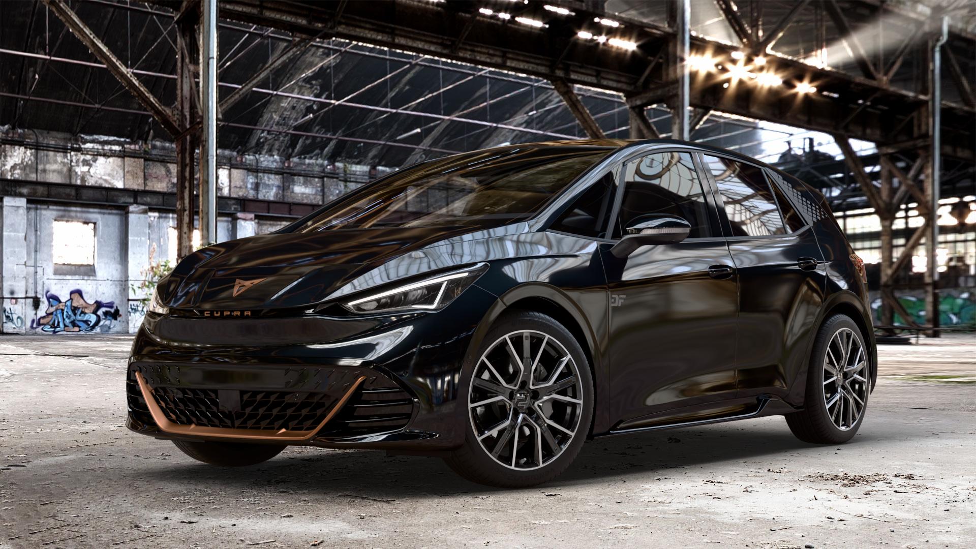 2DRV WH34 Schwarz Hochglanzpoliert Felge mit Reifen in 19Zoll Winterfelge Alufelge auf metallic schwarzem Cupra Born Typ K1 ⬇️ mit 15mm Tieferlegung ⬇️ Old Industrial Hall_max_4400mm_2024 Frontansicht_1