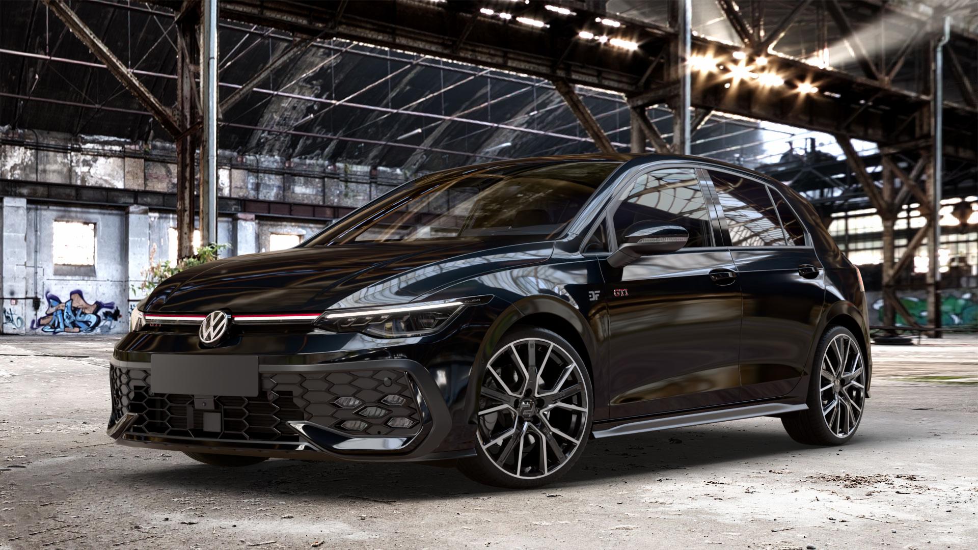 2DRV WH34 Schwarz Hochglanzpoliert Felge mit Reifen in 19Zoll Winterfelge Alufelge auf metallic schwarzem Volkswagen (VW) Golf 8 Facelift 2,0l GTI 195kW (265 PS) ⬇️ mit 15mm Tieferlegung ⬇️ Old Industrial Hall_max_4400mm_2024 Frontansicht_1
