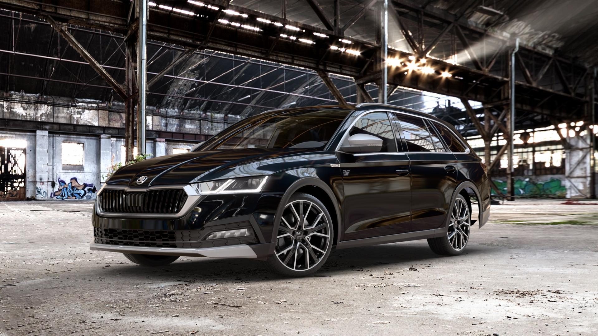 2DRV WH34 Schwarz Hochglanzpoliert Felge mit Reifen in 19Zoll Winterfelge Alufelge auf schwarzem metallic Skoda Octavia IV Scout Typ NX ⬇️ mit 15mm Tieferlegung ⬇️ Old Industrial Hall_max_5300mm_2024 Frontansicht_1