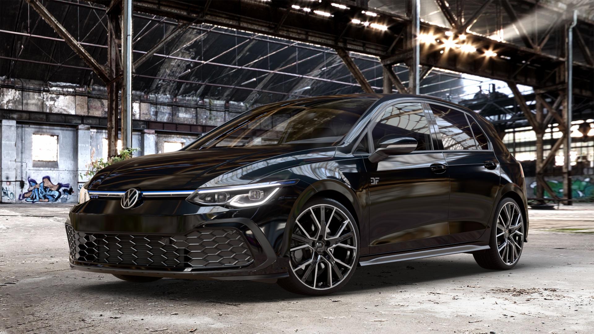2DRV WH34 Schwarz Hochglanzpoliert Felge mit Reifen in 19Zoll Winterfelge Alufelge auf schwarzem metallic Volkswagen (VW) Golf 8 1,4l GTE 110kW Hybrid (150 PS) ⬇️ mit 15mm Tieferlegung ⬇️ Old Industrial Hall_max_4400mm_2024 Frontansicht_1