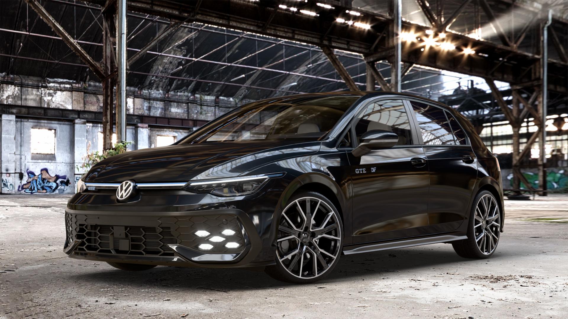 2DRV WH34 Schwarz Hochglanzpoliert Felge mit Reifen in 19Zoll Winterfelge Alufelge auf schwarzem Volkswagen (VW) Golf 8 Facelift 1,5l TSI GTE 130kW Hybrid (177 PS) ⬇️ mit 15mm Tieferlegung ⬇️ Old Industrial Hall_max_4400mm_2024 Frontansicht_1