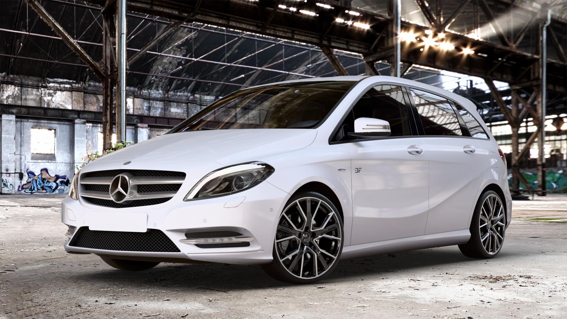 2DRV WH34 Schwarz Hochglanzpoliert Felge mit Reifen in 19Zoll Winterfelge Alufelge auf weissem Mercedes B-Klasse Typ W246 ⬇️ mit 15mm Tieferlegung ⬇️ Old Industrial Hall_max_4400mm_2024 Frontansicht_1