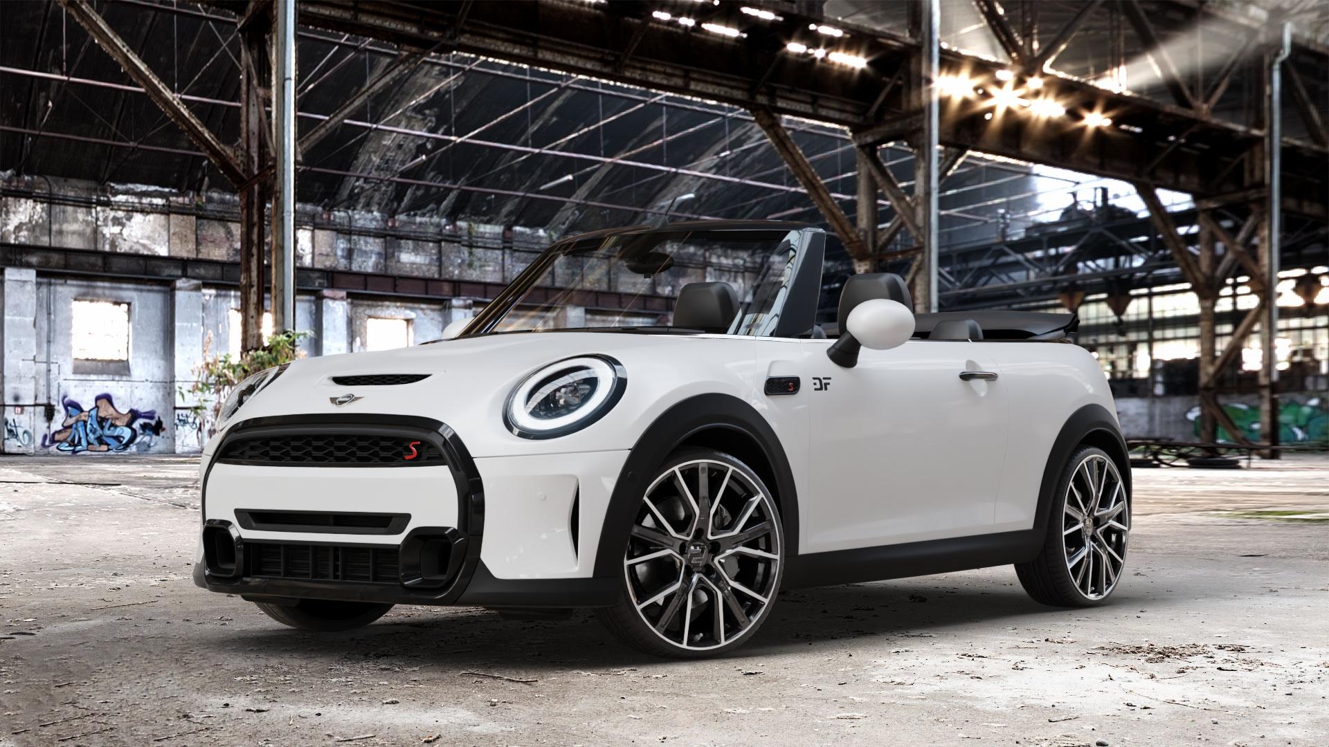 2DRV WH34 Schwarz Hochglanzpoliert Felge mit Reifen in 19Zoll Winterfelge Alufelge auf weissem Mini F57 Typ FMCA (Cabriolet) Facelift 21-> ⬇️ mit 15mm Tieferlegung ⬇️ Old Industrial Hall_max_4400mm_2024 Frontansicht_1