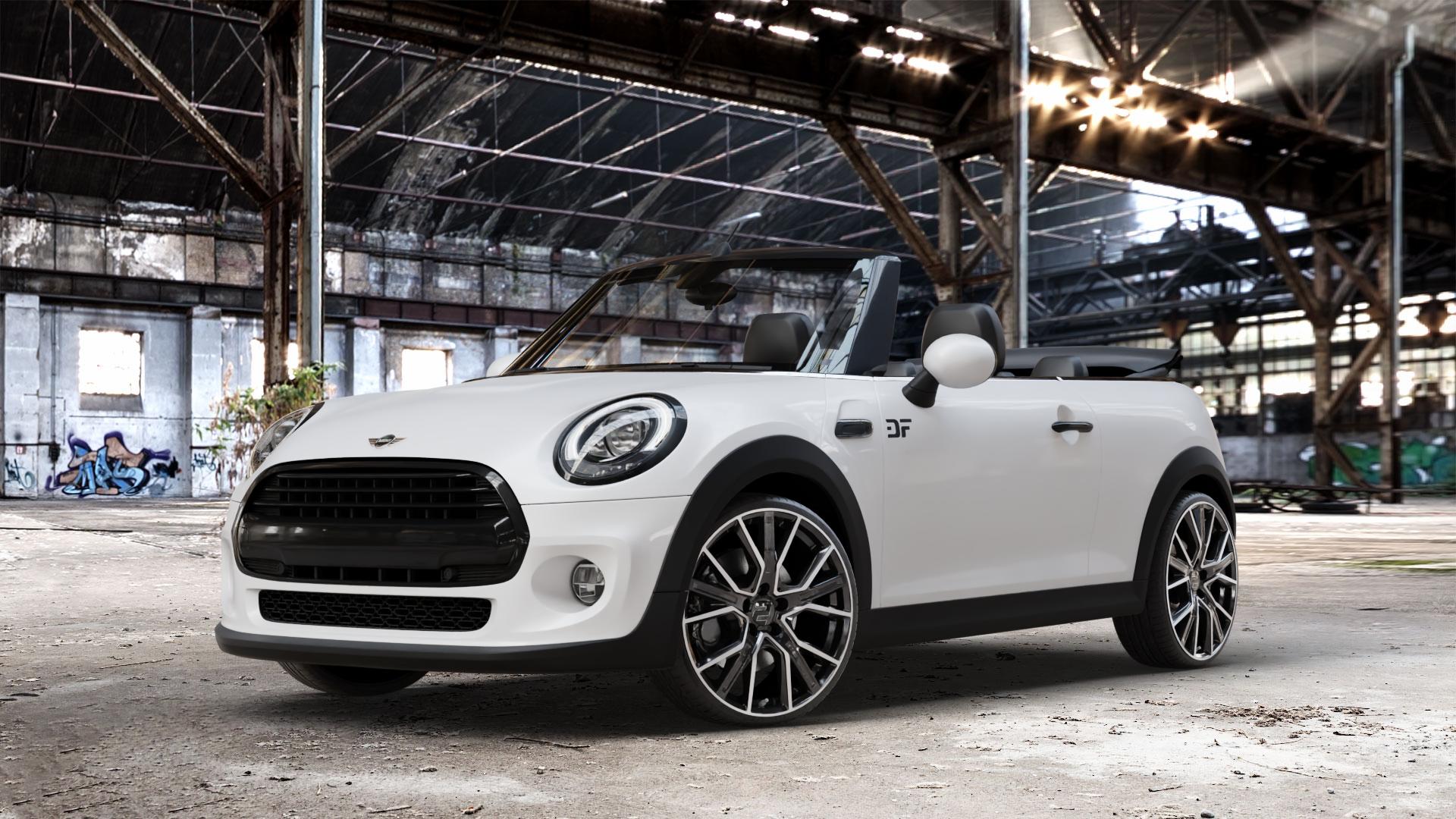 2DRV WH34 Schwarz Hochglanzpoliert Felge mit Reifen in 19Zoll Winterfelge Alufelge auf weissem Mini F57 Typ UKL-L (Cabriolet) 1,5l Cooper 100kW (136 PS) D 85kW (116 1,2l One 75kW (102 FMCA Facelift ⬇️ mit 15mm Tieferlegung ⬇️ Old Industrial Hall_max_4400mm_2024 Frontansicht_1