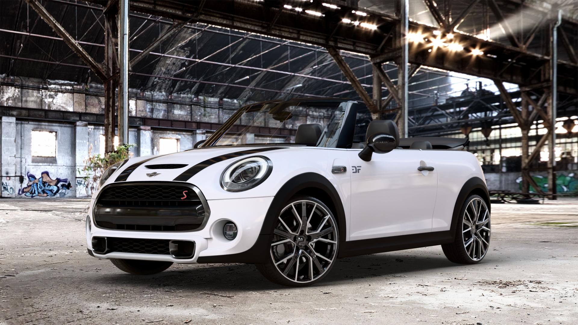 2DRV WH34 Schwarz Hochglanzpoliert Felge mit Reifen in 19Zoll Winterfelge Alufelge auf weissem Mini F57 Typ UKL-L (Cabriolet) 2,0l Cooper S 141kW (192 PS) SD 125kW (170 JCW 170kW (231 FMCA 155kW (211 120kW (163 Facelift ⬇️ mit 15mm Tieferlegung ⬇️ Old Industrial Hall_max_4400mm_2024 Frontansicht_1