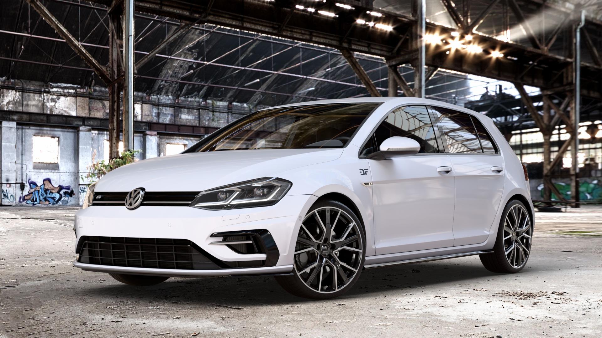 2DRV WH34 Schwarz Hochglanzpoliert Felge mit Reifen in 19Zoll Winterfelge Alufelge auf weissem unilack Volkswagen (VW) Golf 7 Facelift 2,0l R 4Motion 228kW (310 PS) 213kW (290 221kW (300 ⬇️ mit 15mm Tieferlegung ⬇️ Old Industrial Hall_max_4400mm_2024 Frontansicht_1