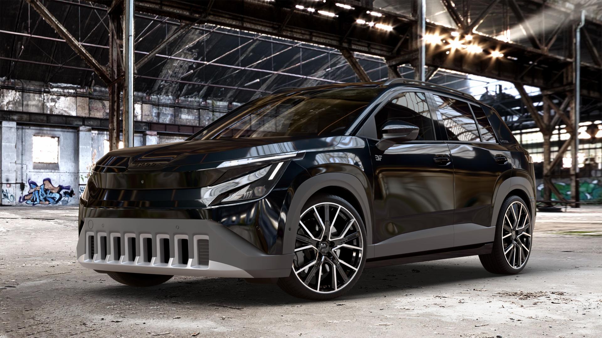 2DRV WH34 Schwarz Hochglanzpoliert Felge mit Reifen in 20Zoll Winterfelge Alufelge auf metallic schwarzem Skoda Epiq Typ PX ⬇️ mit 15mm Tieferlegung ⬇️ Old Industrial Hall_max_4400mm_2024 Frontansicht_1