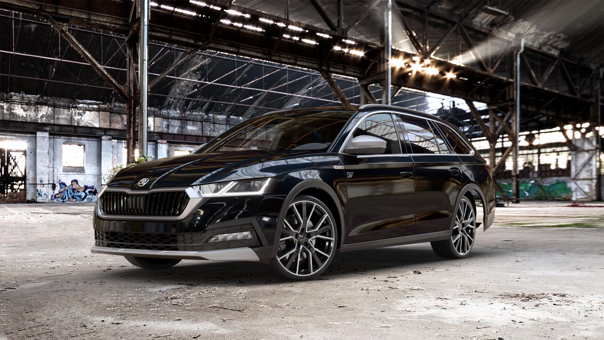 2DRV WH34 Schwarz Hochglanzpoliert Felge mit Reifen in 20Zoll Winterfelge Alufelge auf schwarzem metallic Skoda Octavia IV Scout Typ NX ⬇️ mit 15mm Tieferlegung ⬇️ Old Industrial Hall_max_5300mm_2024 Frontansicht_1