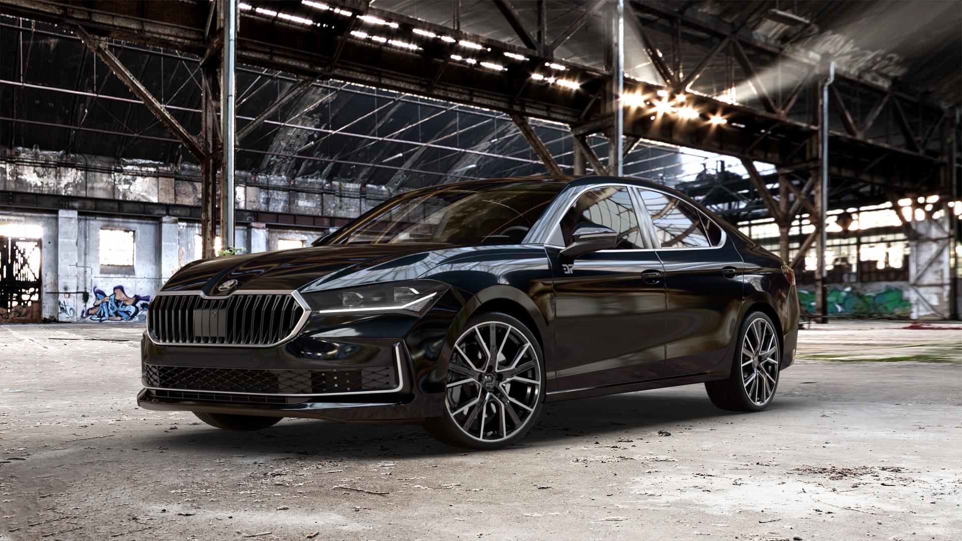 2DRV WH34 Schwarz Hochglanzpoliert Felge mit Reifen in 20Zoll Winterfelge Alufelge auf schwarzem metallic Skoda Superb IV Typ NZ ⬇️ mit 15mm Tieferlegung ⬇️ Old Industrial Hall_max_5300mm_2024 Frontansicht_1