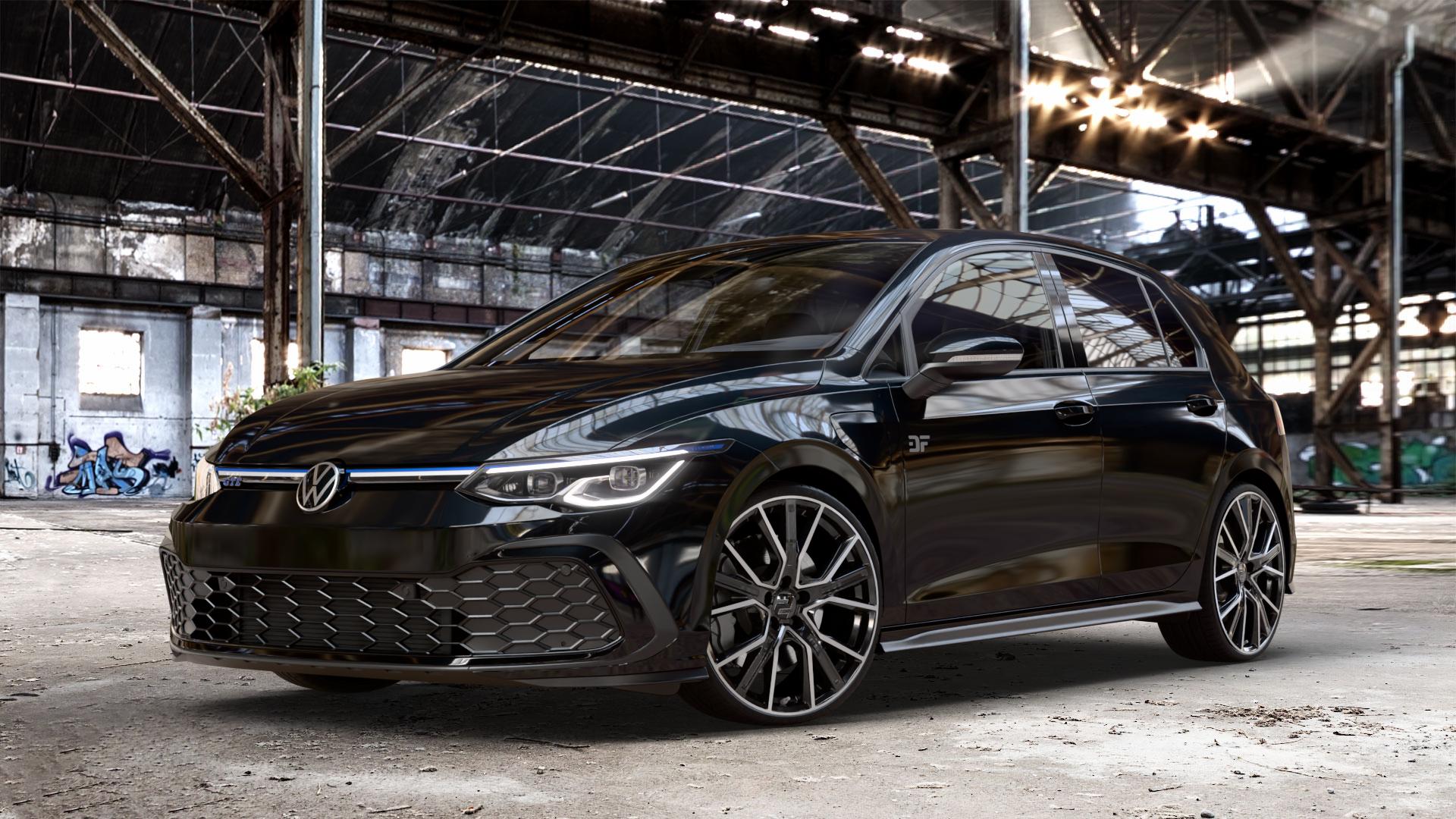 2DRV WH34 Schwarz Hochglanzpoliert Felge mit Reifen in 20Zoll Winterfelge Alufelge auf schwarzem metallic Volkswagen (VW) Golf 8 1,4l GTE 110kW Hybrid (150 PS) ⬇️ mit 15mm Tieferlegung ⬇️ Old Industrial Hall_max_4400mm_2024 Frontansicht_1