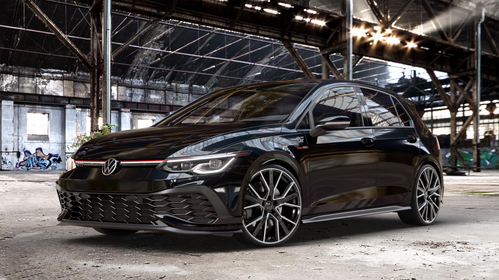 2DRV WH34 Schwarz Hochglanzpoliert Felge mit Reifen in 20Zoll Winterfelge Alufelge auf schwarzem metallic Volkswagen (VW) Golf 8 2,0l GTI Clubsport 221kW (300 PS) ⬇️ mit 15mm Tieferlegung ⬇️ Old Industrial Hall_max_4400mm_2024 Frontansicht_1