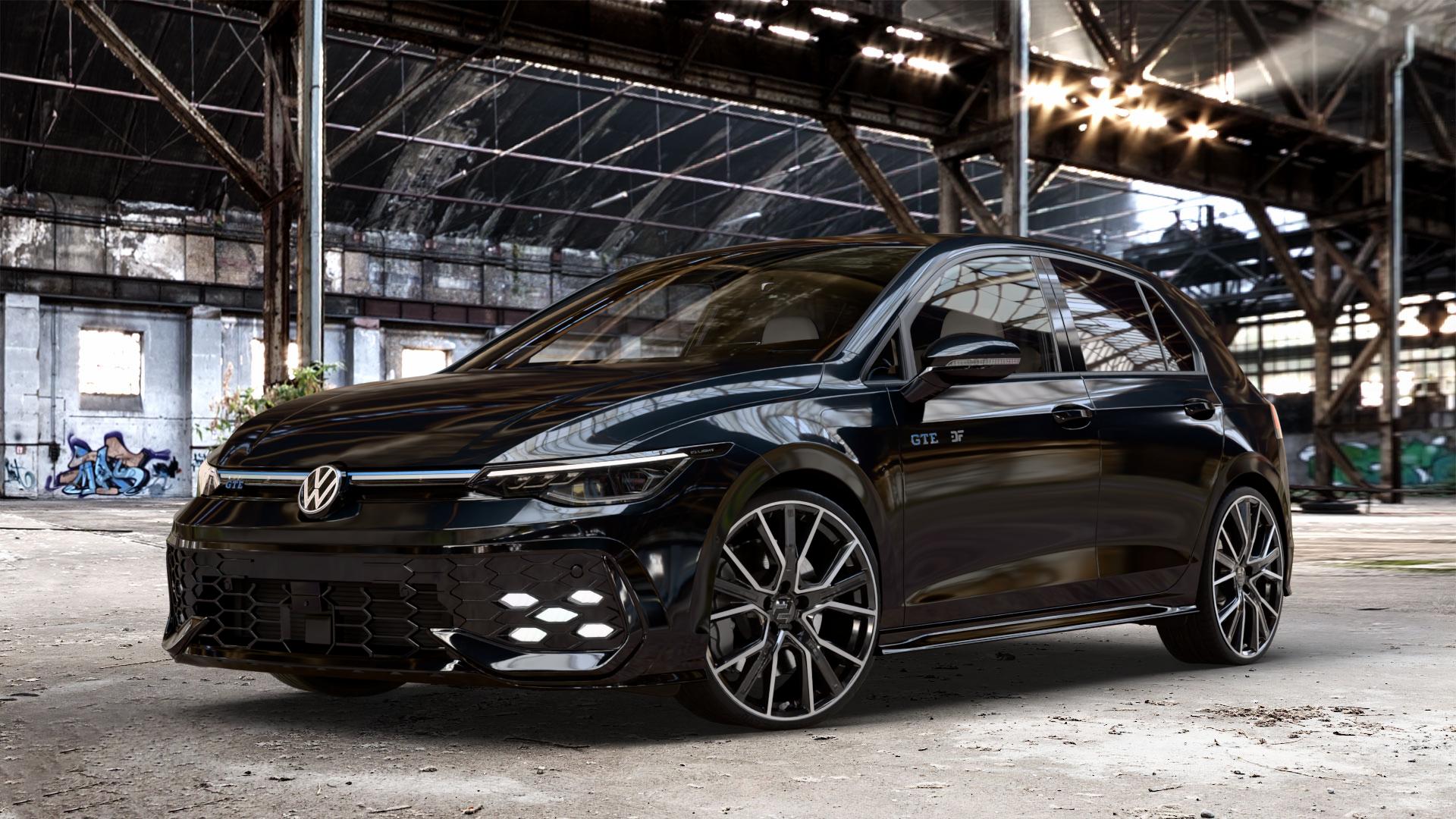 2DRV WH34 Schwarz Hochglanzpoliert Felge mit Reifen in 20Zoll Winterfelge Alufelge auf schwarzem Volkswagen (VW) Golf 8 Facelift 1,5l TSI GTE 130kW Hybrid (177 PS) ⬇️ mit 15mm Tieferlegung ⬇️ Old Industrial Hall_max_4400mm_2024 Frontansicht_1