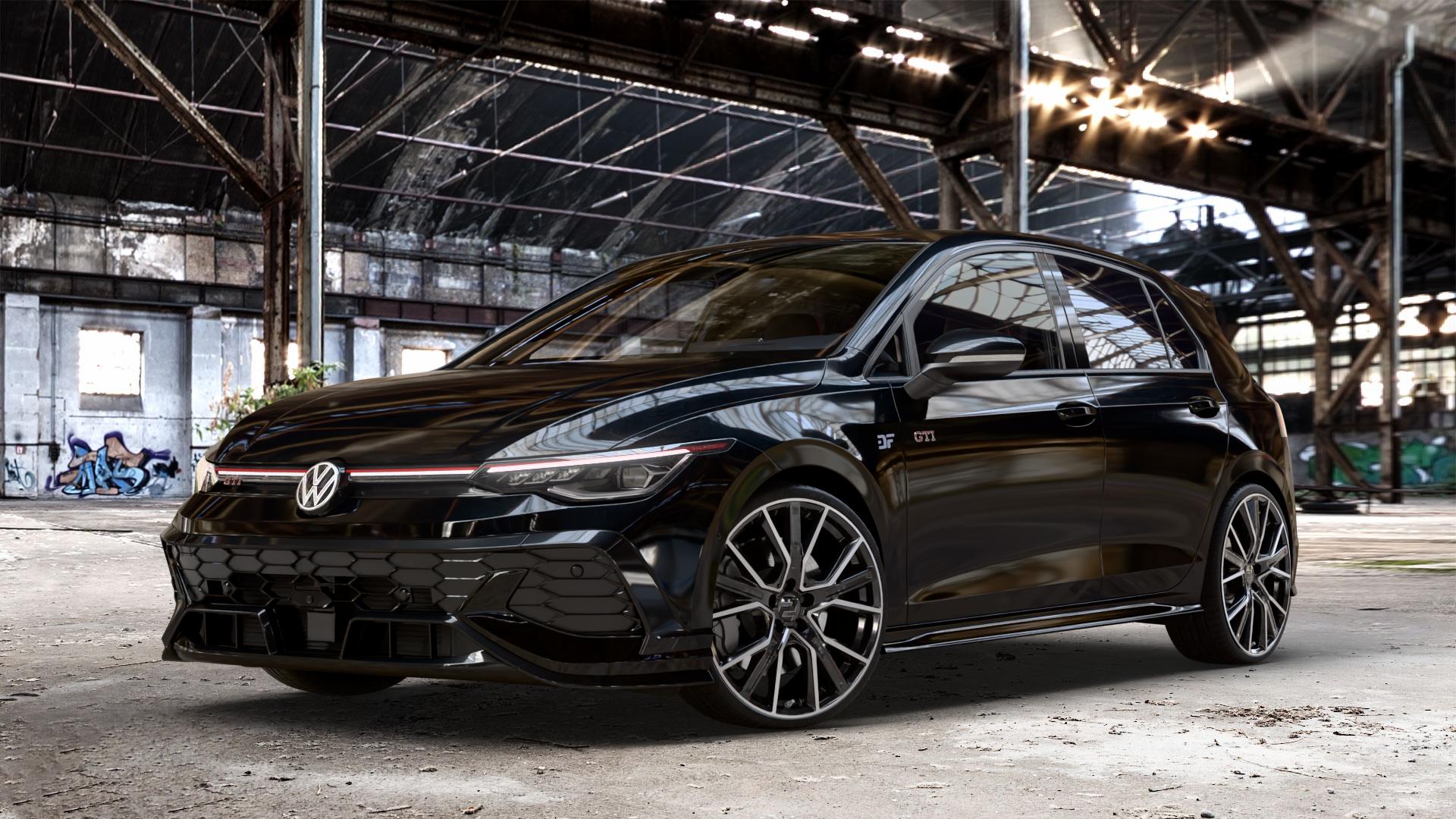 2DRV WH34 Schwarz Hochglanzpoliert Felge mit Reifen in 20Zoll Winterfelge Alufelge auf schwarzem Volkswagen (VW) Golf 8 Facelift 2,0l GTI Clubsport 221kW (300 PS) ⬇️ mit 15mm Tieferlegung ⬇️ Old Industrial Hall_max_4400mm_2024 Frontansicht_1
