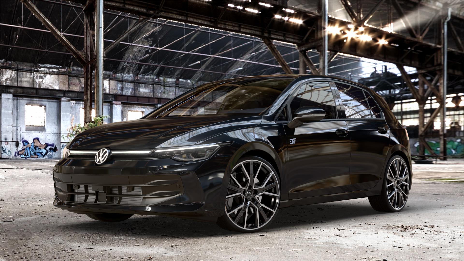 2DRV WH34 Schwarz Hochglanzpoliert Felge mit Reifen in 20Zoll Winterfelge Alufelge auf schwarzem Volkswagen (VW) Golf 8 Facelift ⬇️ mit 15mm Tieferlegung ⬇️ Old Industrial Hall_max_4400mm_2024 Frontansicht_1