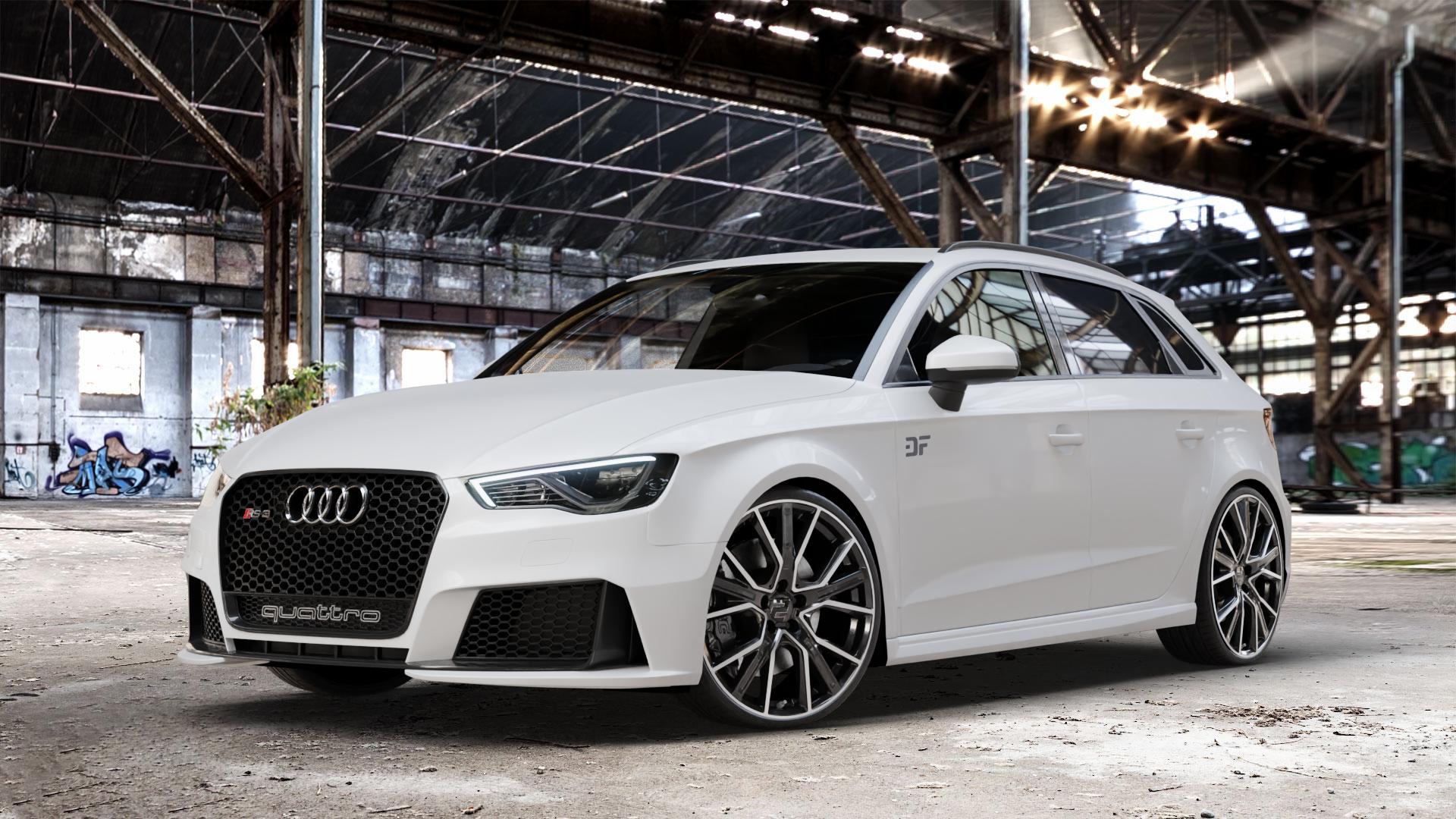 2DRV WH34 Schwarz Hochglanzpoliert Felge mit Reifen in 20Zoll Winterfelge Alufelge auf weissem Audi A3 Typ 8V (Sportback) 2,5l TFSI quattro 270kW RS3 (367 PS) Facelift 294kW (400 ⬇️ mit 15mm Tieferlegung ⬇️ Old Industrial Hall_max_4400mm_2024 Frontansicht_1