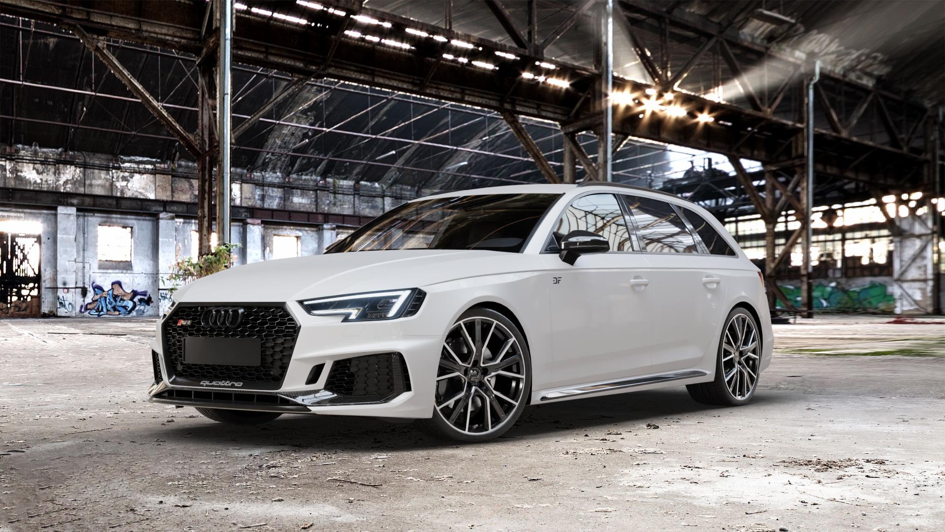 2DRV WH34 Schwarz Hochglanzpoliert Felge mit Reifen in 20Zoll Winterfelge Alufelge auf weissem Audi A4 Typ B9 (Avant) 2,9l RS4 TFSI quattro 331kW (450 PS) ⬇️ mit 15mm Tieferlegung ⬇️ Old Industrial Hall_max_5300mm_2024 Frontansicht_1