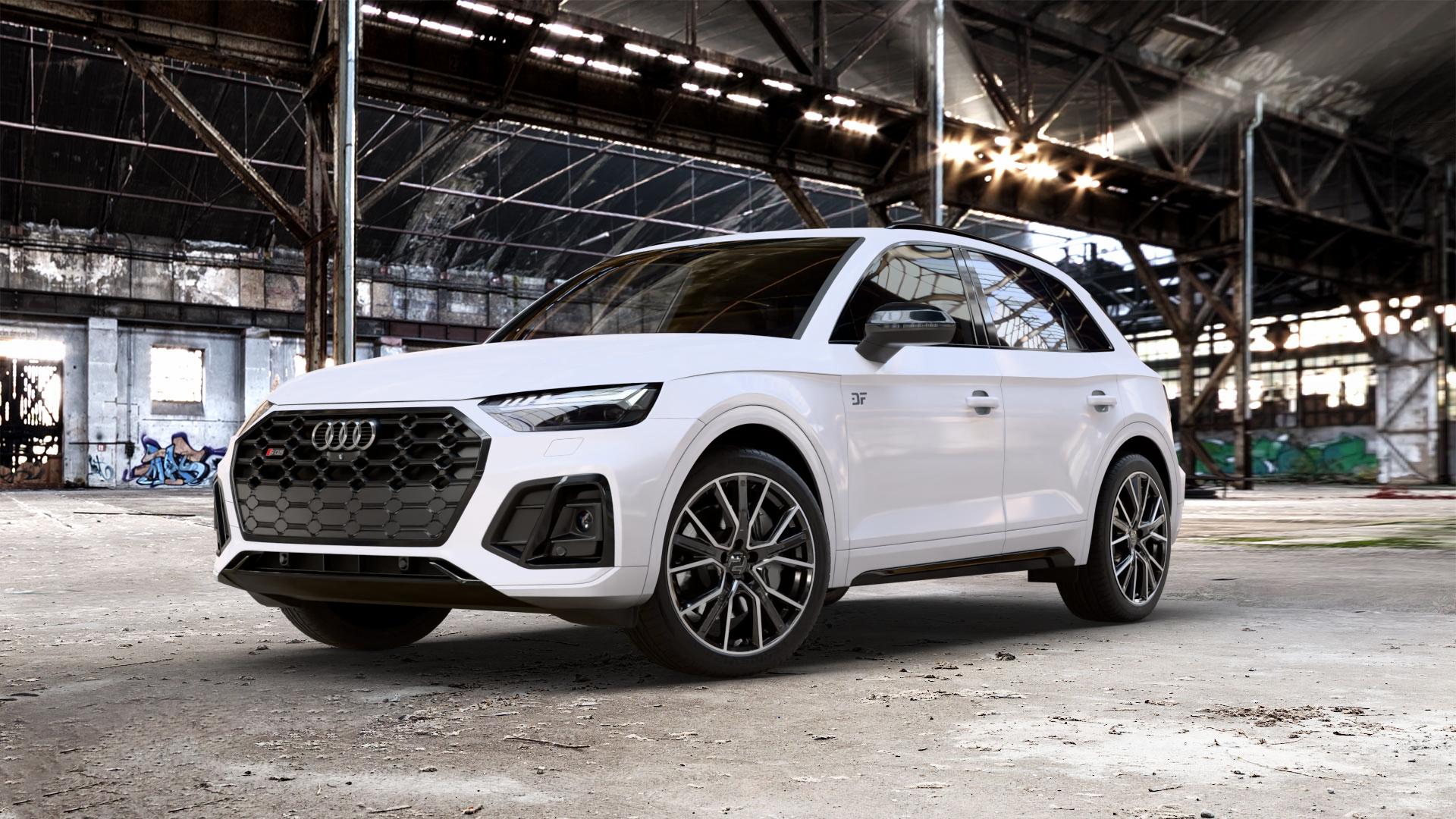 2DRV WH34 Schwarz Hochglanzpoliert Felge mit Reifen in 20Zoll Winterfelge Alufelge auf weissem Audi Q5 II Typ FY Facelift 3,0l SQ5 TDI quattro 251kW Mild-Hybrid (341 PS) ⬇️ mit 15mm Tieferlegung ⬇️ Old Industrial Hall_max_5300mm_2024 Frontansicht_1