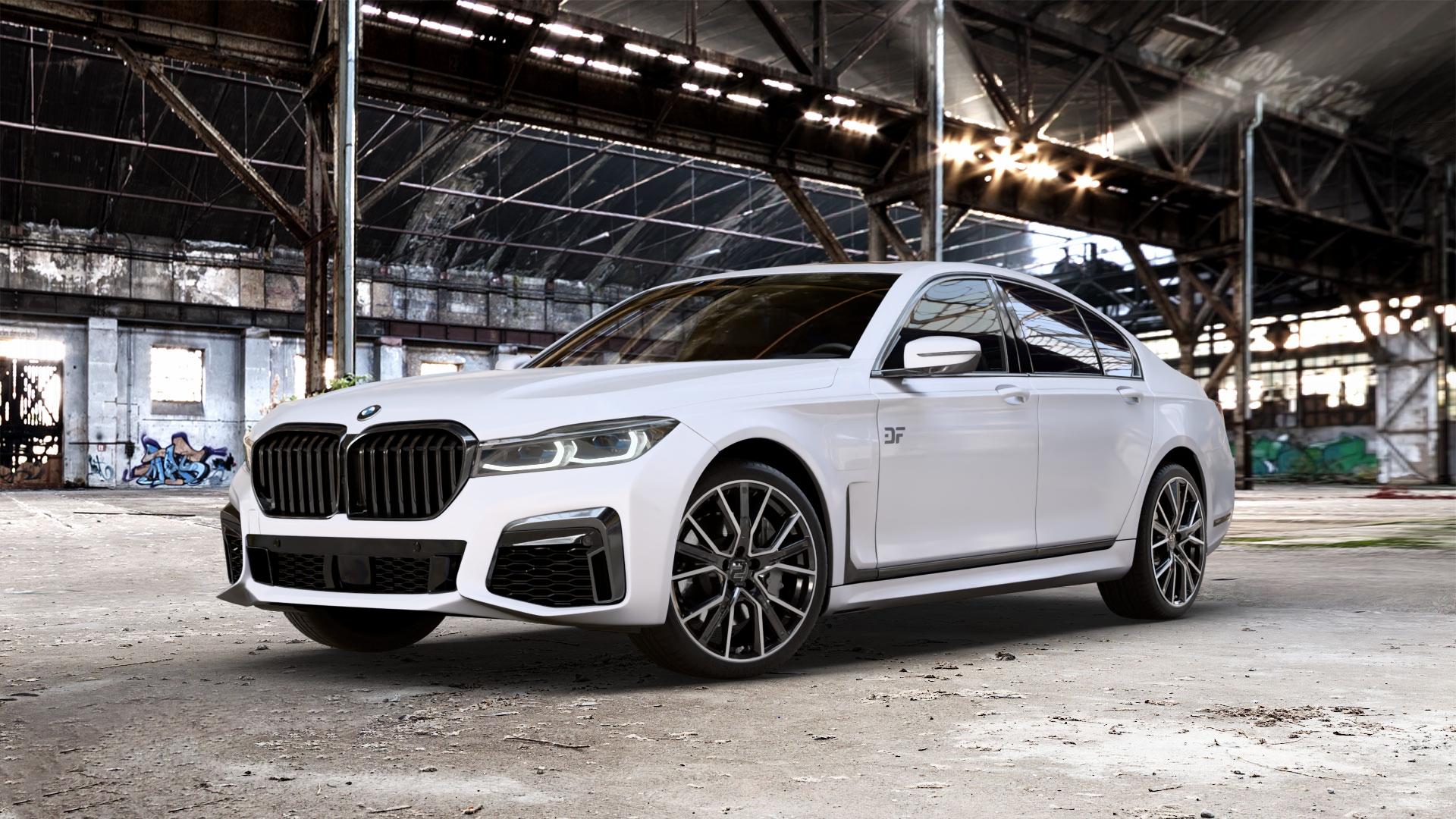 2DRV WH34 Schwarz Hochglanzpoliert Felge mit Reifen in 20Zoll Winterfelge Alufelge auf weissem BMW 730i Typ G11 Facelift 740i 745e 750i xDrive 7er Limousine (7L) ⬇️ mit 15mm Tieferlegung ⬇️ Old Industrial Hall_max_5300mm_2024 Frontansicht_1