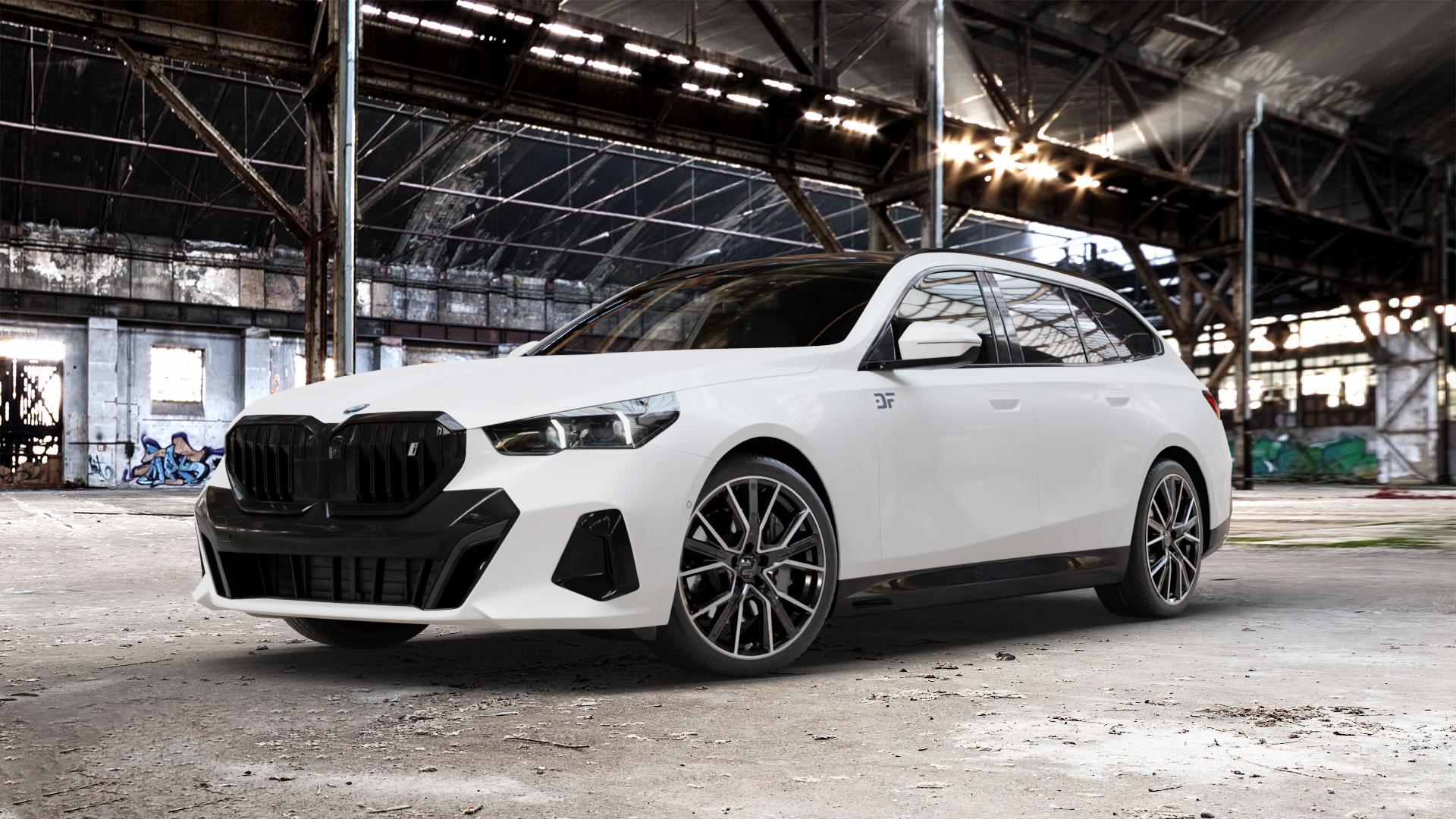 2DRV WH34 Schwarz Hochglanzpoliert Felge mit Reifen in 20Zoll Winterfelge Alufelge auf weissem BMW i5 Touring (G6E) 0,0l M60 xDrive 127kW (173 PS) ⬇️ mit 15mm Tieferlegung ⬇️ Old Industrial Hall_max_5300mm_2024 Frontansicht_1
