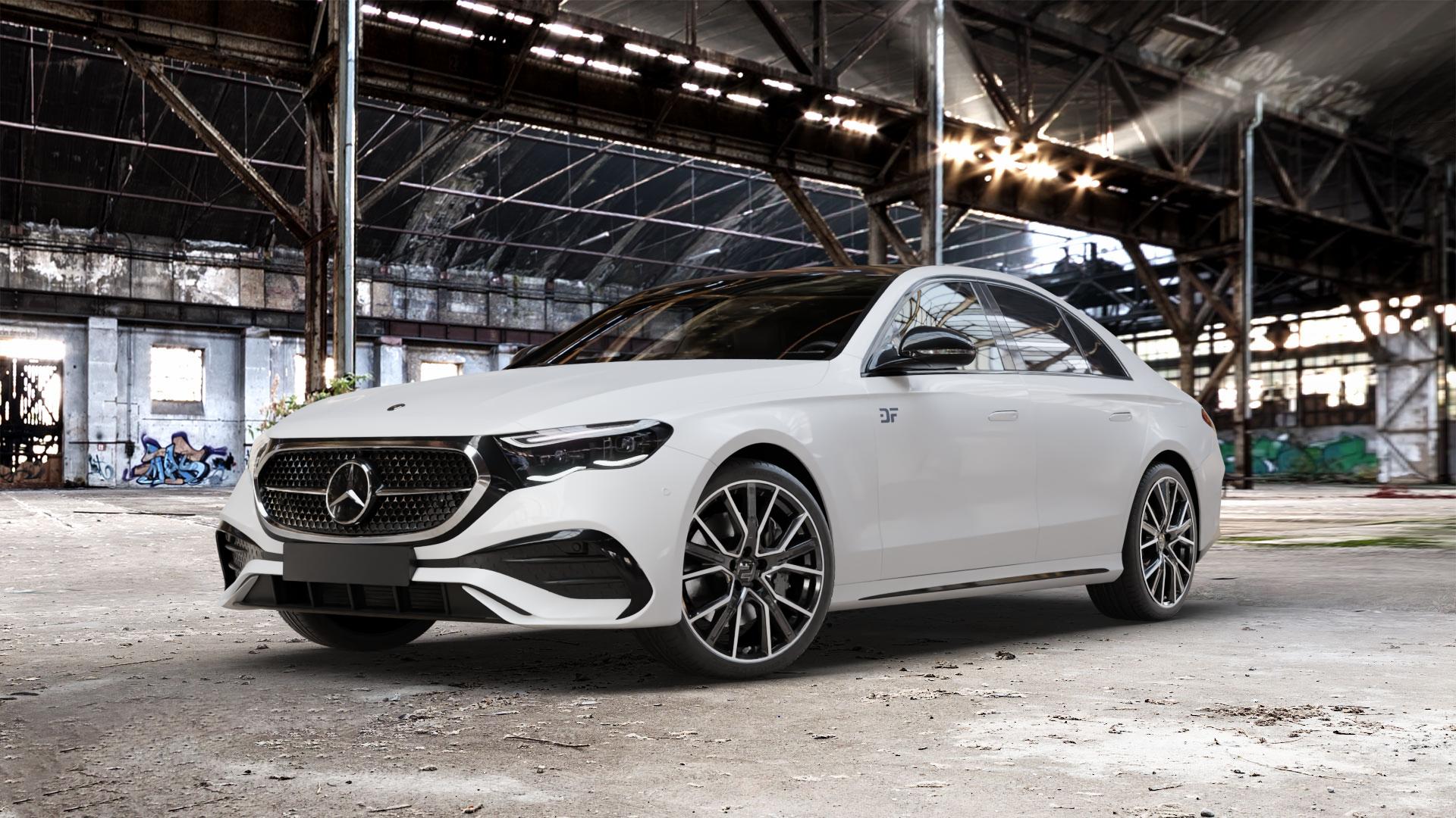 2DRV WH34 Schwarz Hochglanzpoliert Felge mit Reifen in 20Zoll Winterfelge Alufelge auf weissem Mercedes E-Klasse Typ W214 Limousine (R2EW) ⬇️ mit 15mm Tieferlegung ⬇️ Old Industrial Hall_max_5300mm_2024 Frontansicht_1