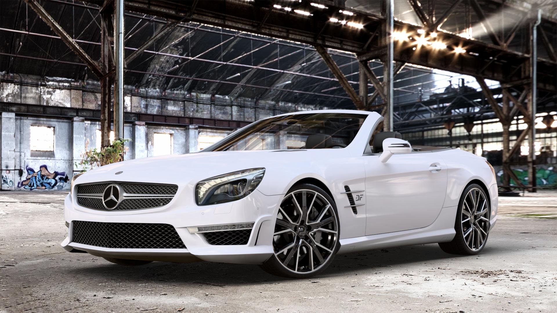2DRV WH34 Schwarz Hochglanzpoliert Felge mit Reifen in 20Zoll Winterfelge Alufelge auf weissem Mercedes SL Typ R231 5,5l 63 AMG 395kW (537 PS) 6,0l 65 463kW (630 ⬇️ mit 15mm Tieferlegung ⬇️ Old Industrial Hall_max_4400mm_2024 Frontansicht_1