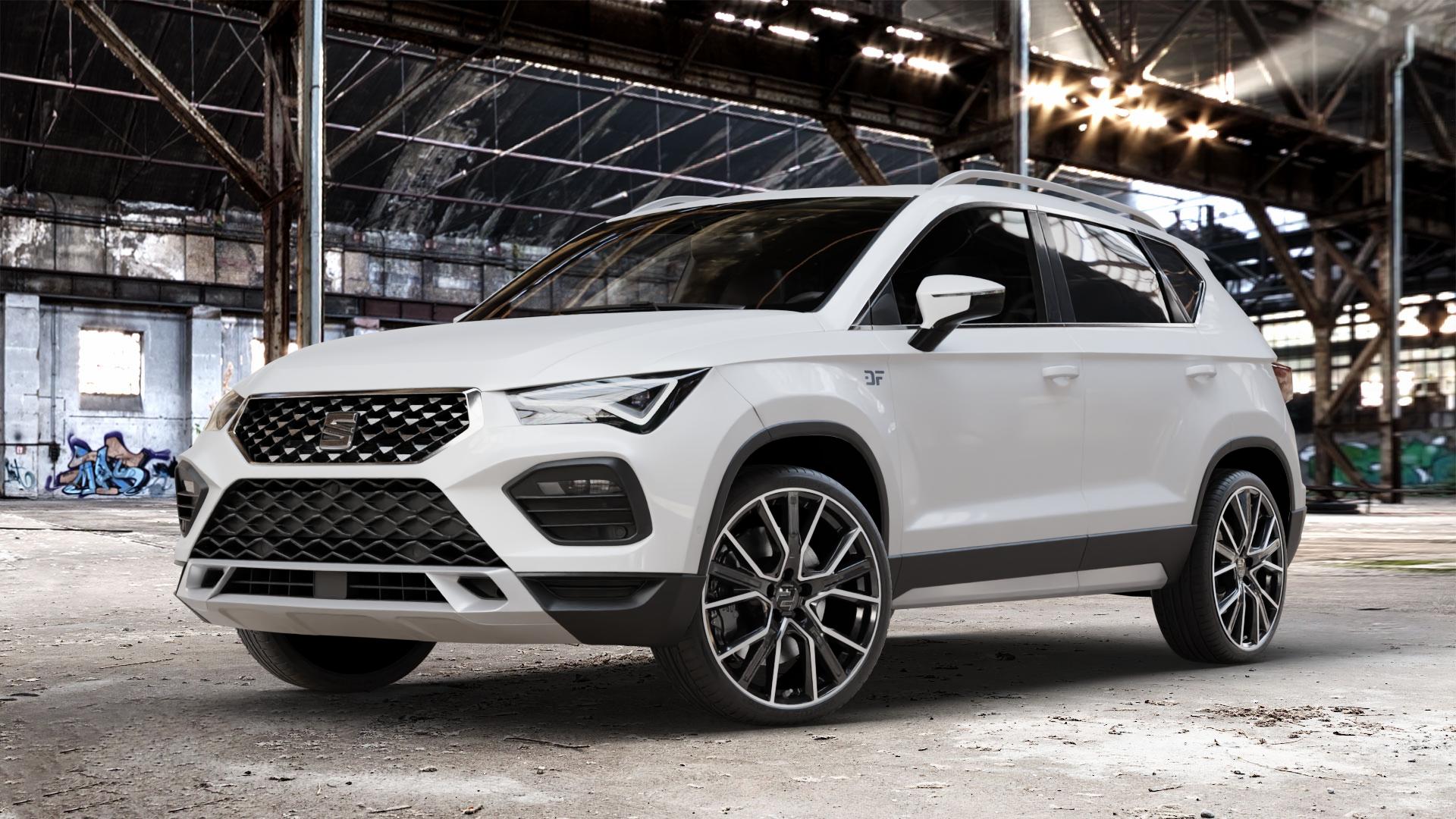 2DRV WH34 Schwarz Hochglanzpoliert Felge mit Reifen in 20Zoll Winterfelge Alufelge auf weissem Seat Ateca Typ 5FP Facelift ⬇️ mit 15mm Tieferlegung ⬇️ Old Industrial Hall_max_4400mm_2024 Frontansicht_1