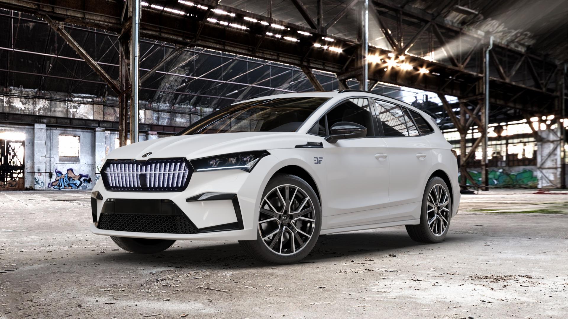 2DRV WH34 Schwarz Hochglanzpoliert Felge mit Reifen in 20Zoll Winterfelge Alufelge auf weissem Skoda Enyaq iV Typ NY 0,0l 70kW 80 (95 PS) 50 77kW 80x (105 60 ⬇️ mit 15mm Tieferlegung ⬇️ Old Industrial Hall_max_5300mm_2024 Frontansicht_1