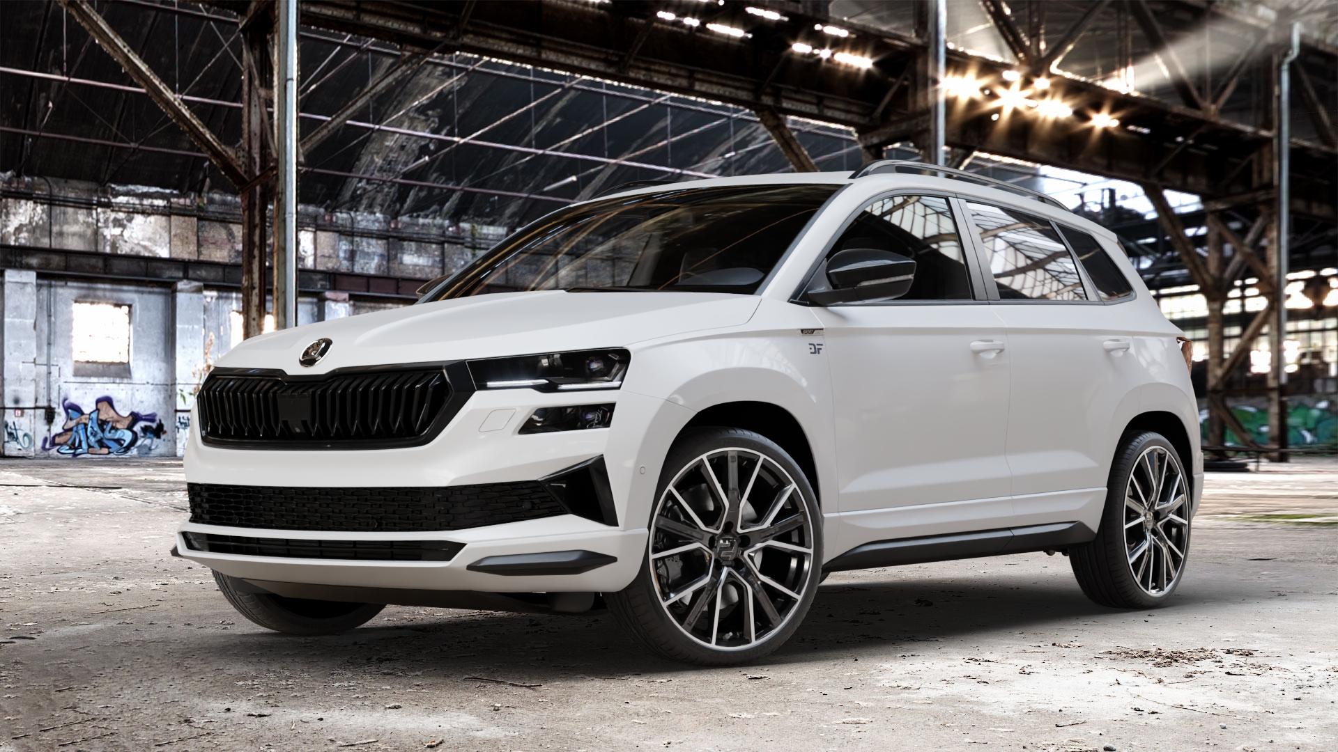 2DRV WH34 Schwarz Hochglanzpoliert Felge mit Reifen in 20Zoll Winterfelge Alufelge auf weissem Skoda Karoq Typ NU Facelift ⬇️ mit 15mm Tieferlegung ⬇️ Old Industrial Hall_max_4400mm_2024 Frontansicht_1