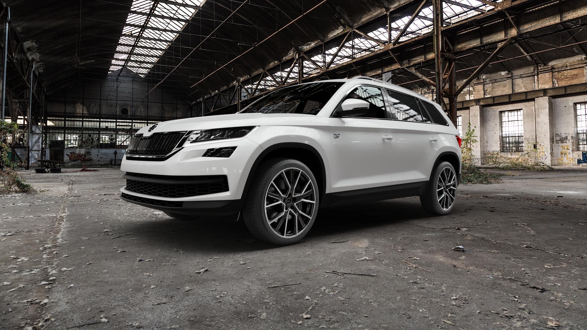 2DRV WH34 Schwarz Hochglanzpoliert Felge mit Reifen in 20Zoll Winterfelge Alufelge auf weissem Skoda Kodiaq Typ NS ⬇️ mit 15mm Tieferlegung ⬇️ Old Industrial Hall_max5000mm_2022 Frontansicht_1