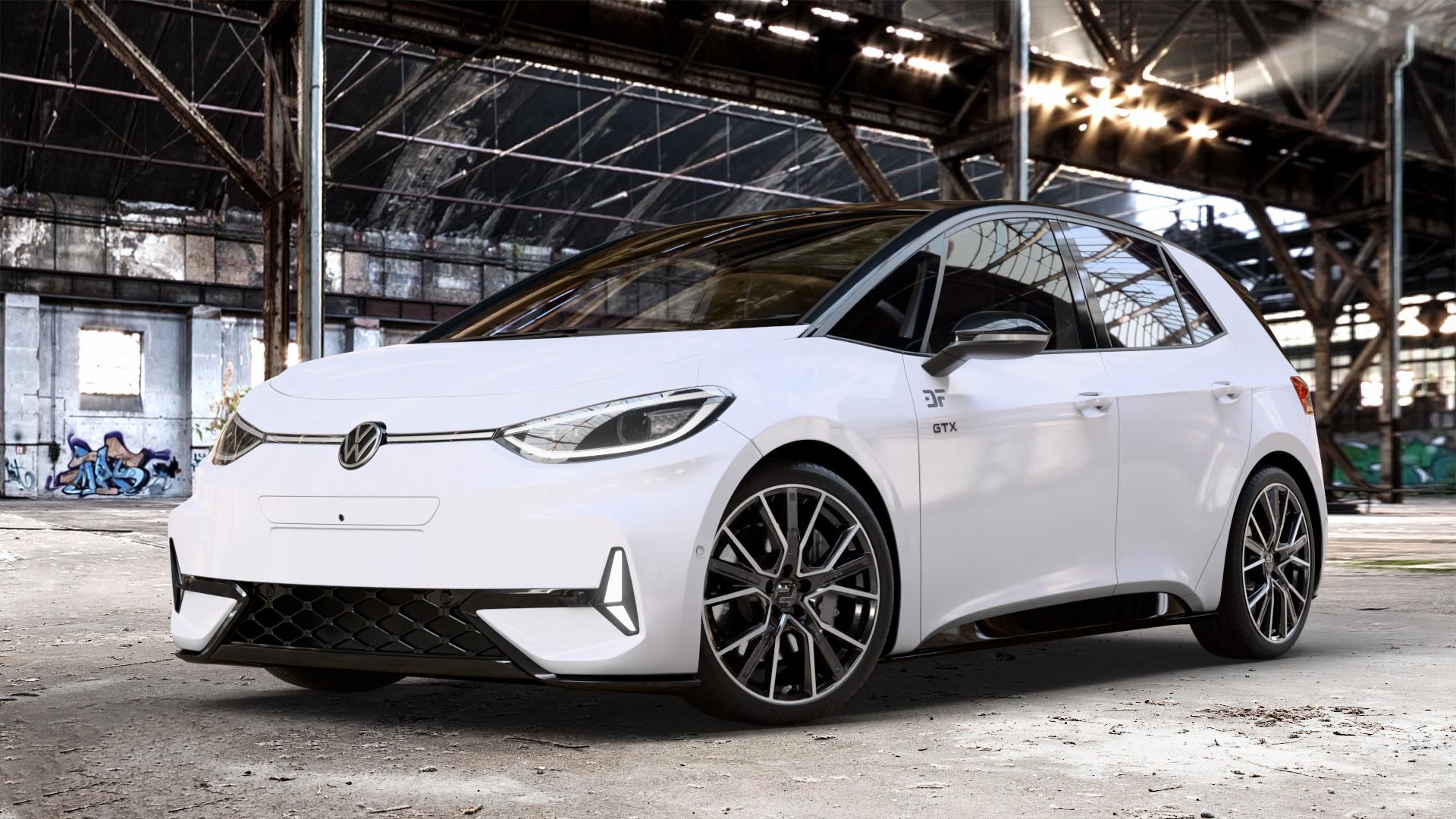 2DRV WH34 Schwarz Hochglanzpoliert Felge mit Reifen in 20Zoll Winterfelge Alufelge auf weissem Volkswagen (VW) ID.3 GTX 0,0l 89kW (210 KW) (121 PS) Performance (240 ⬇️ mit 15mm Tieferlegung ⬇️ Old Industrial Hall_max_4400mm_2024 Frontansicht_1