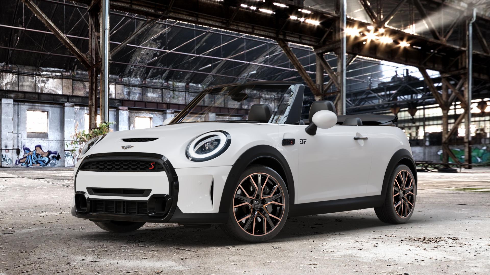 2DRV WH34 Schwarz Kupfer hochglanzpoliert Felge mit Reifen in 17Zoll Winterfelge Alufelge auf weissem Mini F57 Typ FMCA (Cabriolet) Facelift 21-> ⬇️ mit 15mm Tieferlegung ⬇️ Old Industrial Hall_max_4400mm_2024 Frontansicht_1