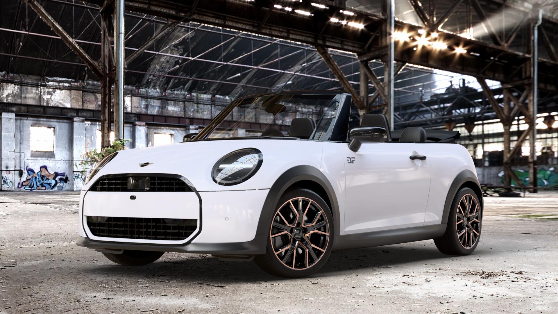 2DRV WH34 Schwarz Kupfer hochglanzpoliert Felge mit Reifen in 17Zoll Winterfelge Alufelge auf weissem Mini F67 Typ FM6 (Cabrio) 2,0l Cooper 120kW (163 PS) S 150kW (204 JCW 170kW (231 ⬇️ mit 15mm Tieferlegung ⬇️ Old Industrial Hall_max_4400mm_2024 Frontansicht_1