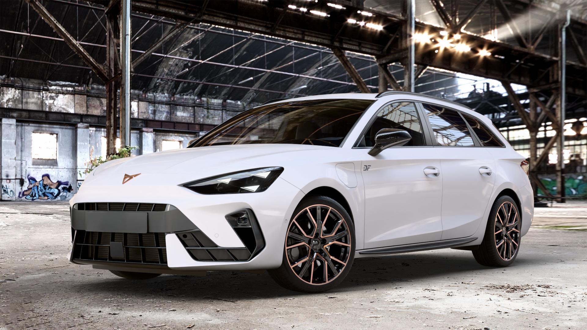 2DRV WH34 Schwarz Kupfer hochglanzpoliert Felge mit Reifen in 18Zoll Winterfelge Alufelge auf weissem Cupra Leon Typ KL ST Facelift ⬇️ mit 15mm Tieferlegung ⬇️ Old Industrial Hall_max_4400mm_2024 Frontansicht_1